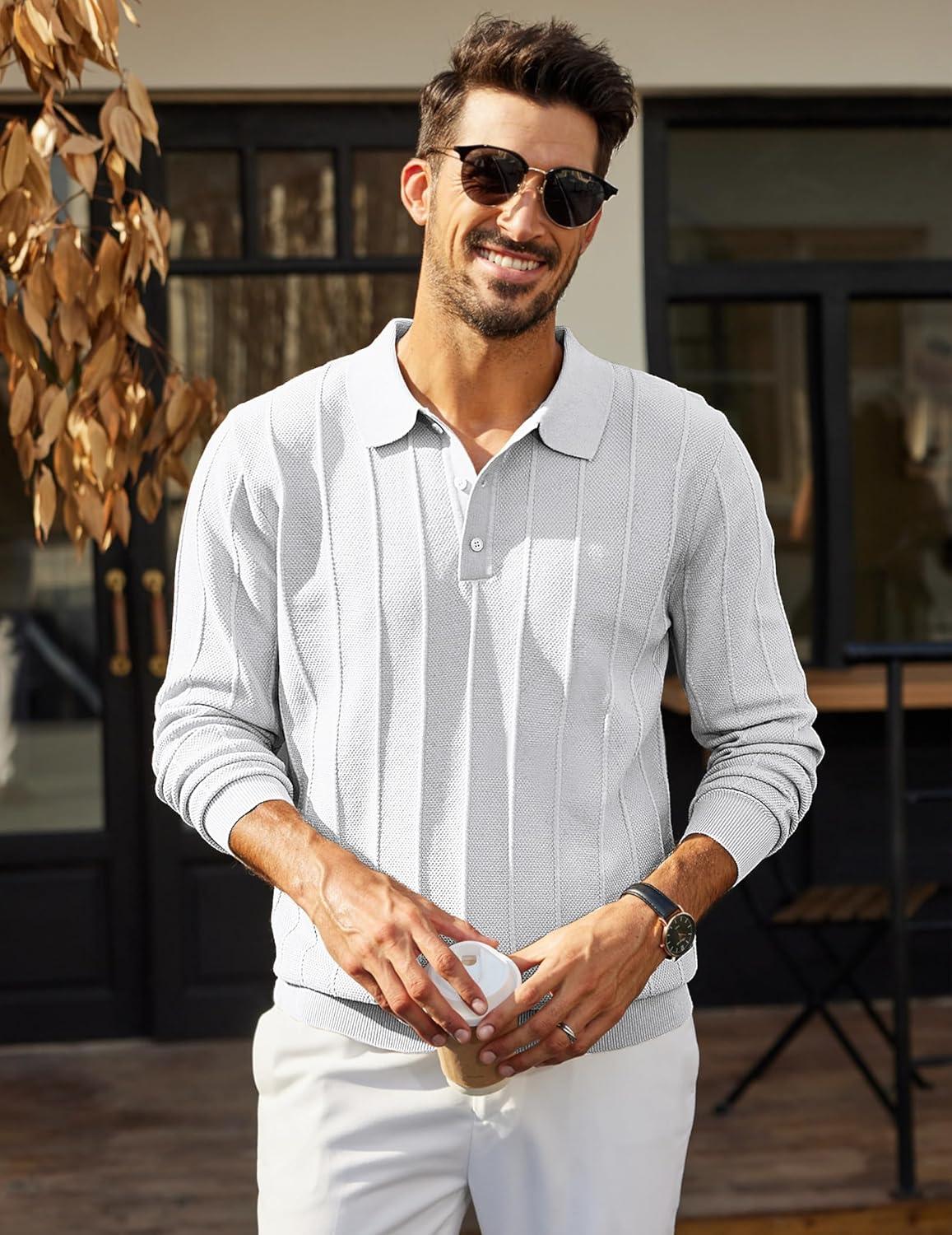 imageCOOFANDY Mens Knit Polo Long Sleeve Polos Sweater Causal Collared Golf Sweaters Fashion Business Dress PulloverWhite
