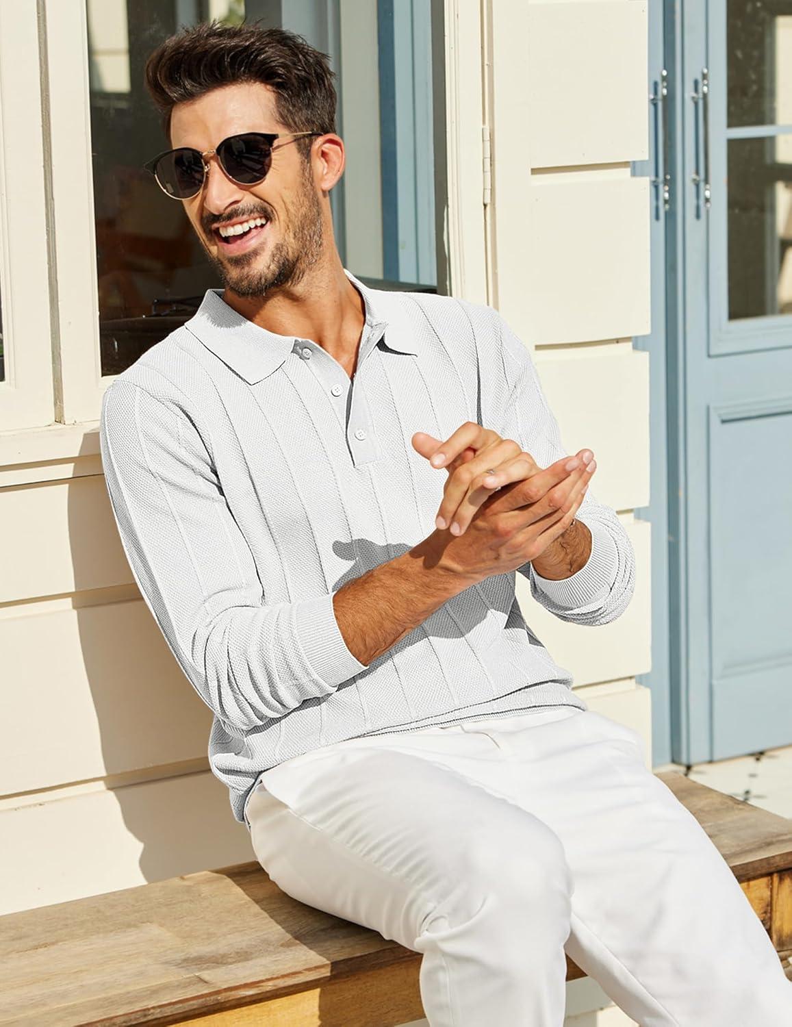 imageCOOFANDY Mens Knit Polo Long Sleeve Polos Sweater Causal Collared Golf Sweaters Fashion Business Dress PulloverWhite