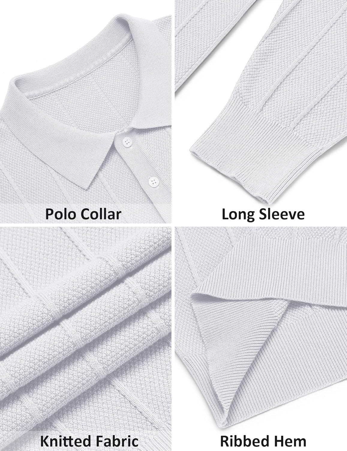 imageCOOFANDY Mens Knit Polo Long Sleeve Polos Sweater Causal Collared Golf Sweaters Fashion Business Dress PulloverWhite