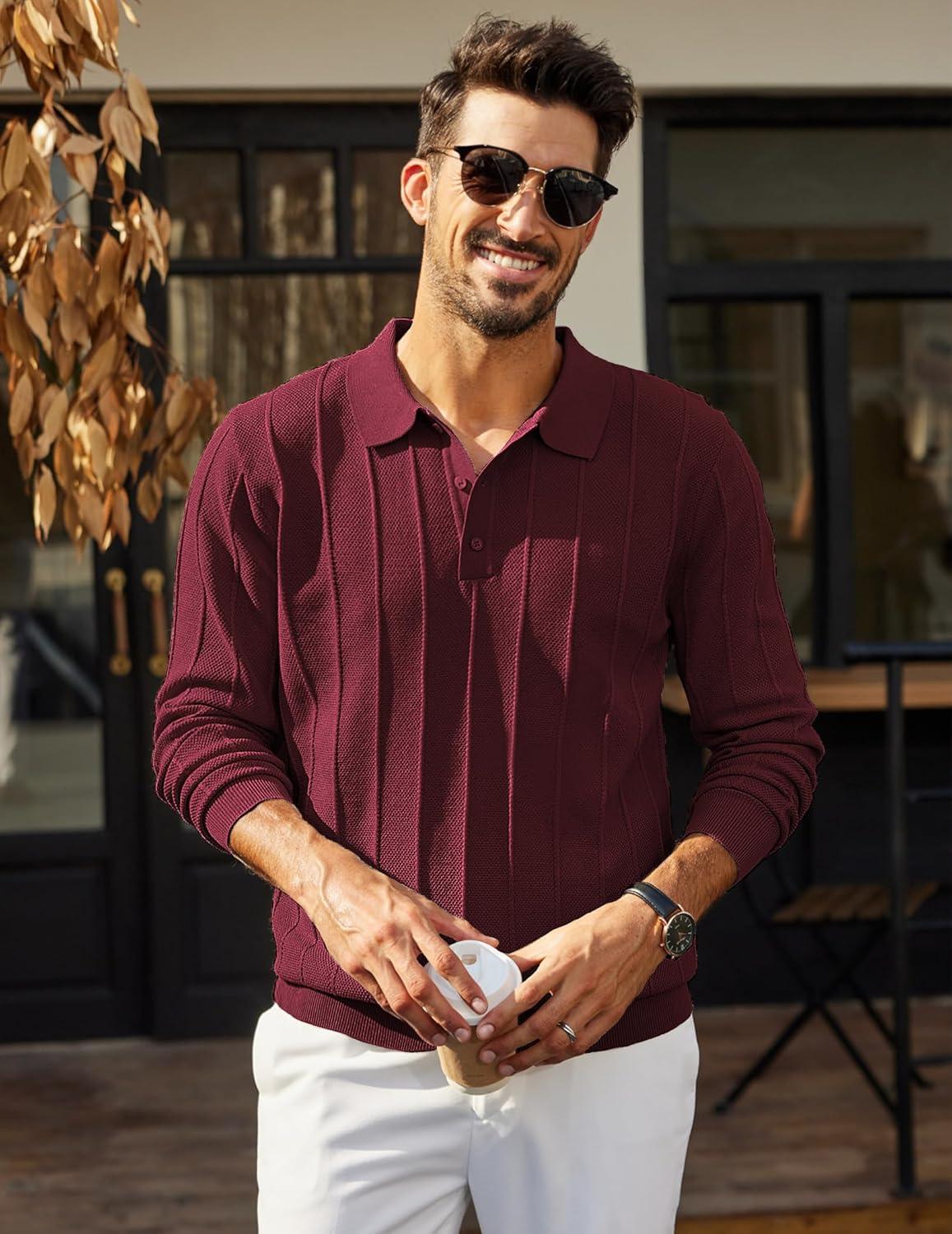imageCOOFANDY Mens Knit Polo Long Sleeve Polos Sweater Causal Collared Golf Sweaters Fashion Business Dress PulloverWine Red