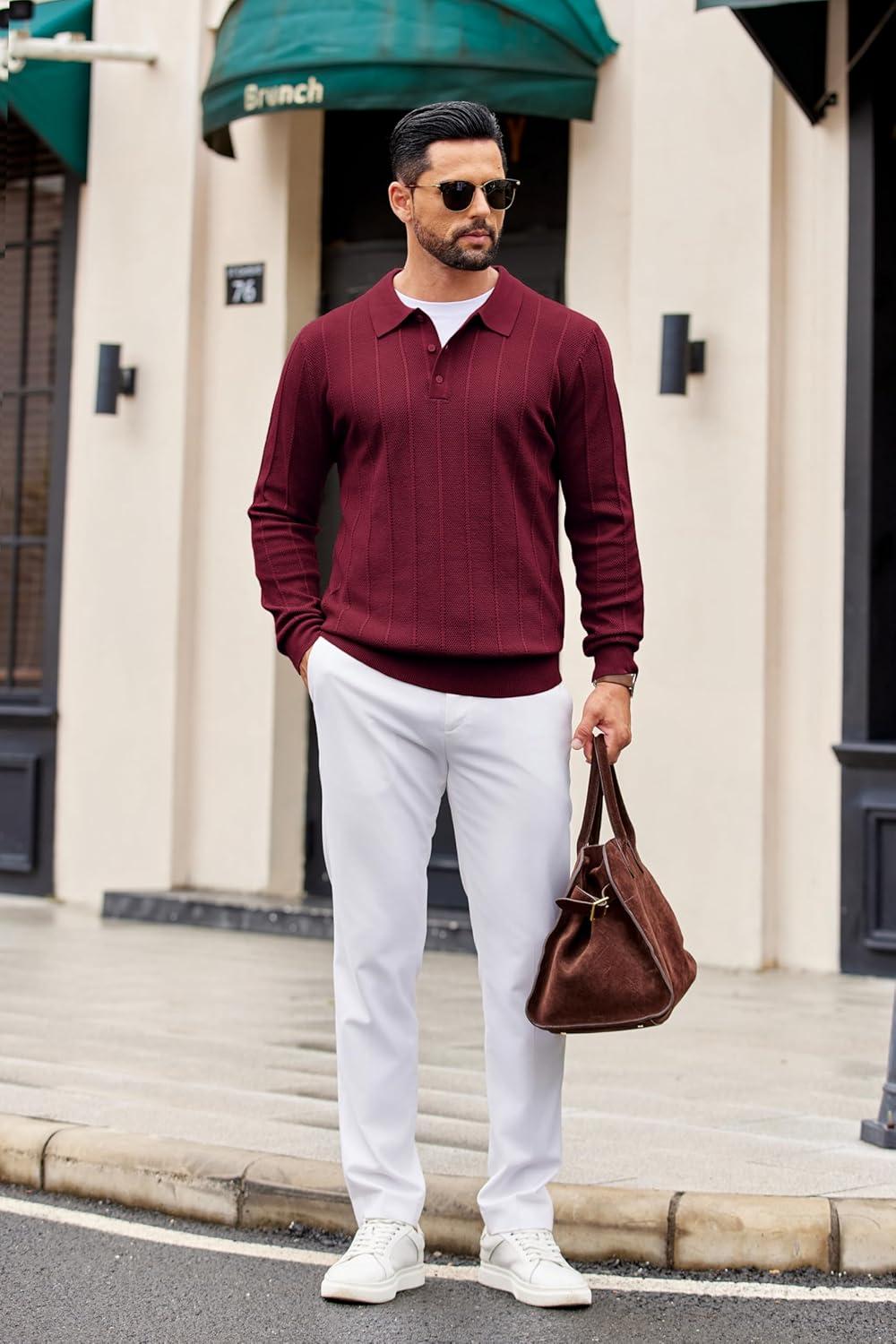 imageCOOFANDY Mens Knit Polo Long Sleeve Polos Sweater Causal Collared Golf Sweaters Fashion Business Dress PulloverWine Red