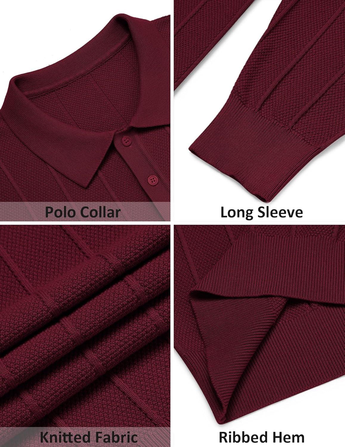 imageCOOFANDY Mens Knit Polo Long Sleeve Polos Sweater Causal Collared Golf Sweaters Fashion Business Dress PulloverWine Red