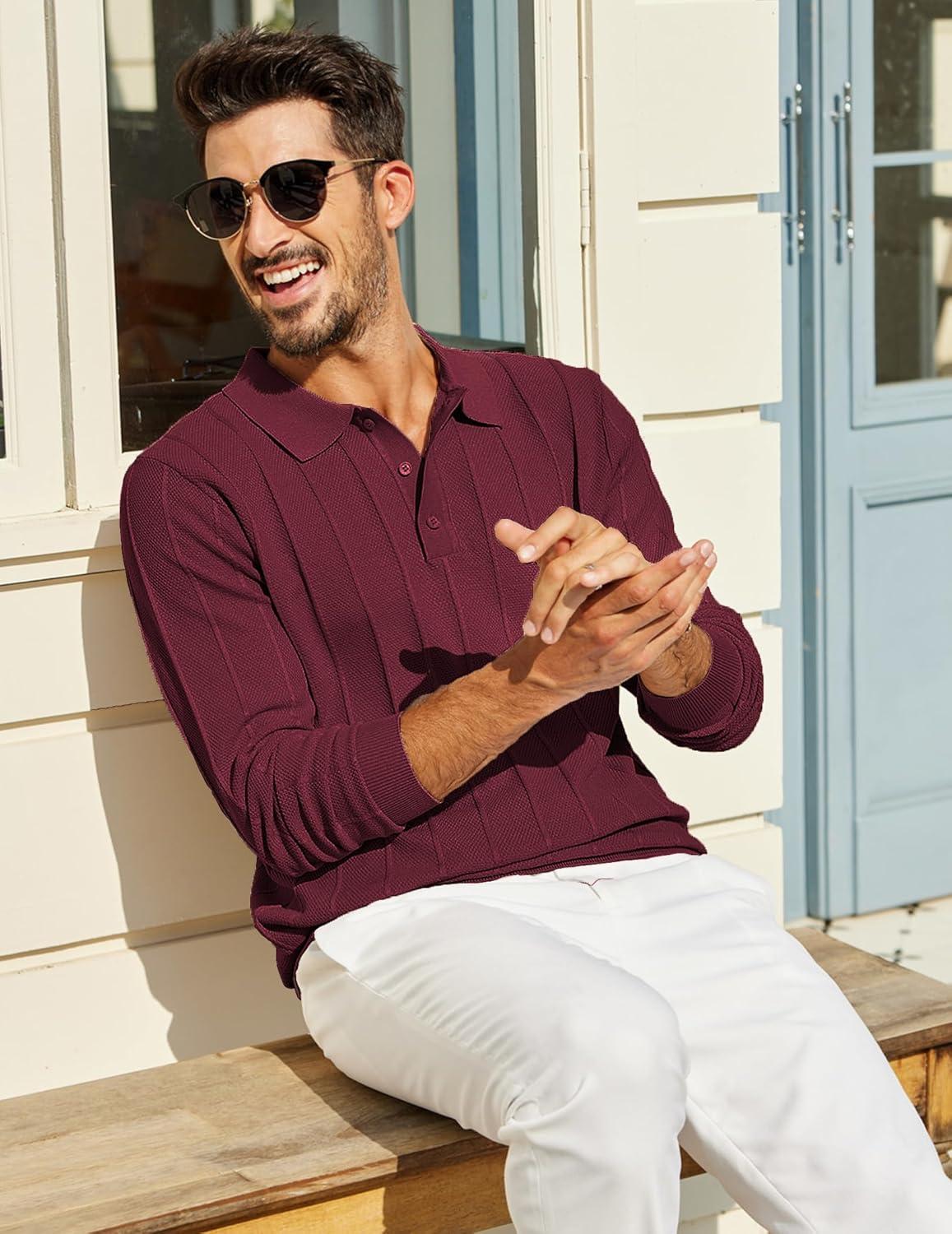 imageCOOFANDY Mens Knit Polo Long Sleeve Polos Sweater Causal Collared Golf Sweaters Fashion Business Dress PulloverWine Red