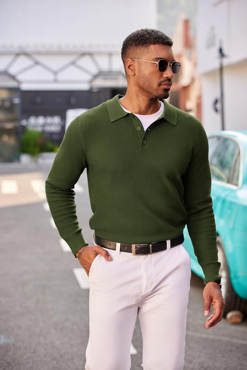 imageCOOFANDY Mens Knit Polo Long Sleeve Sweaters Collared Polo Sweater Casual Dress Pullover Fashion Golf SweatersArmy Green