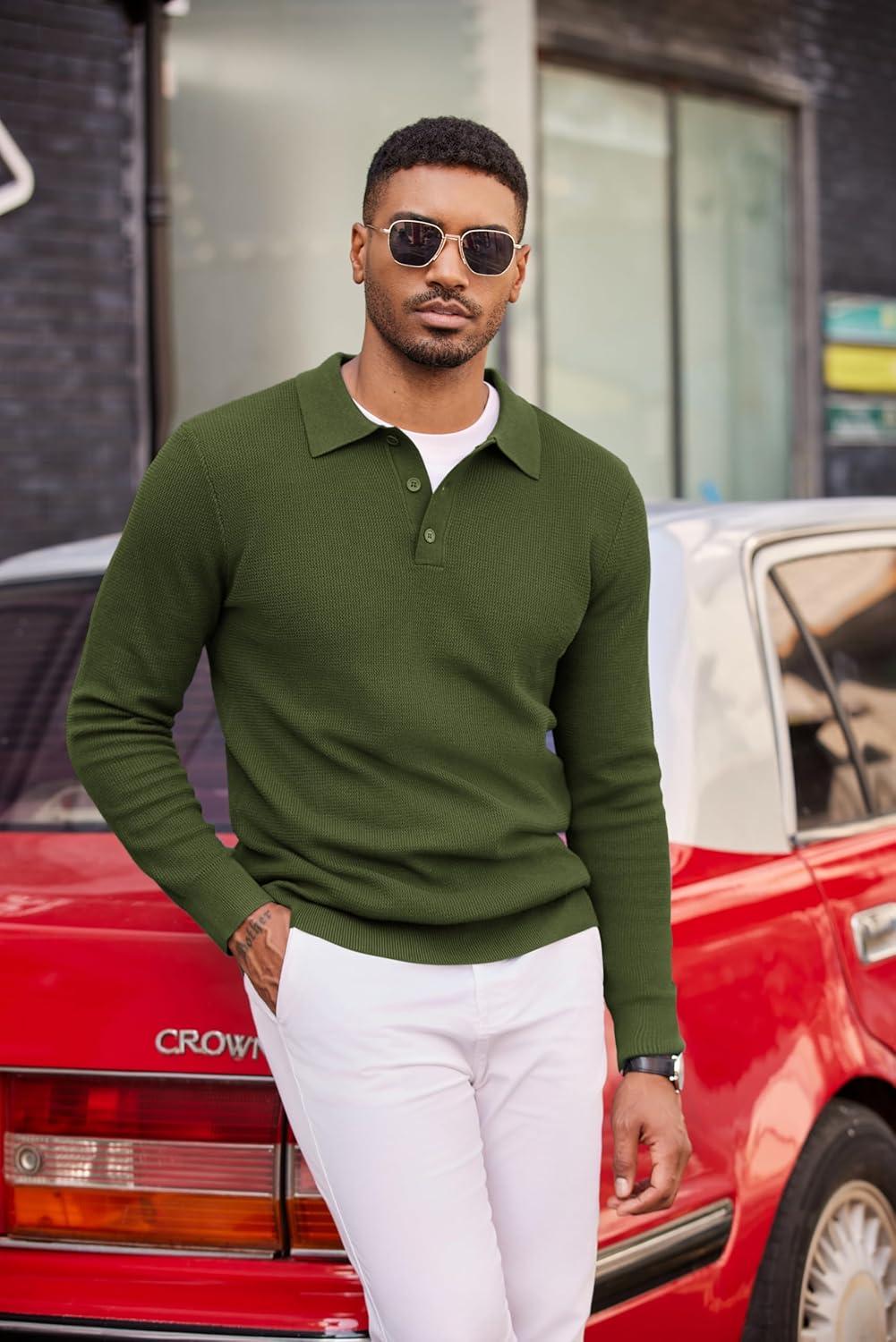 imageCOOFANDY Mens Knit Polo Long Sleeve Sweaters Collared Polo Sweater Casual Dress Pullover Fashion Golf SweatersArmy Green
