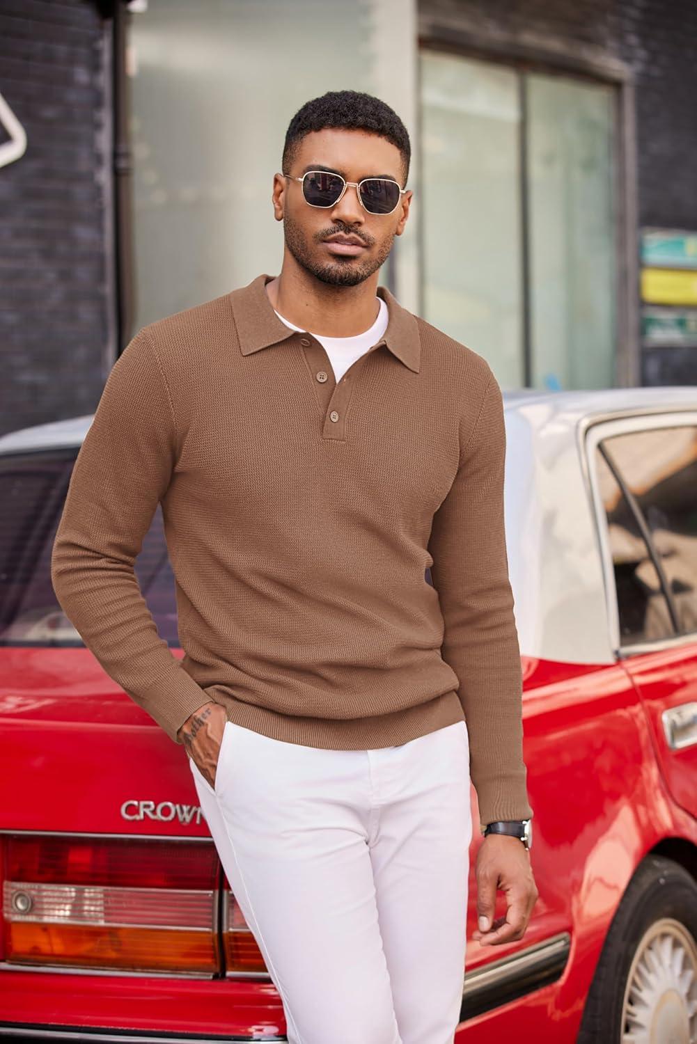 imageCOOFANDY Mens Knit Polo Long Sleeve Sweaters Collared Polo Sweater Casual Dress Pullover Fashion Golf SweatersAsh Brown