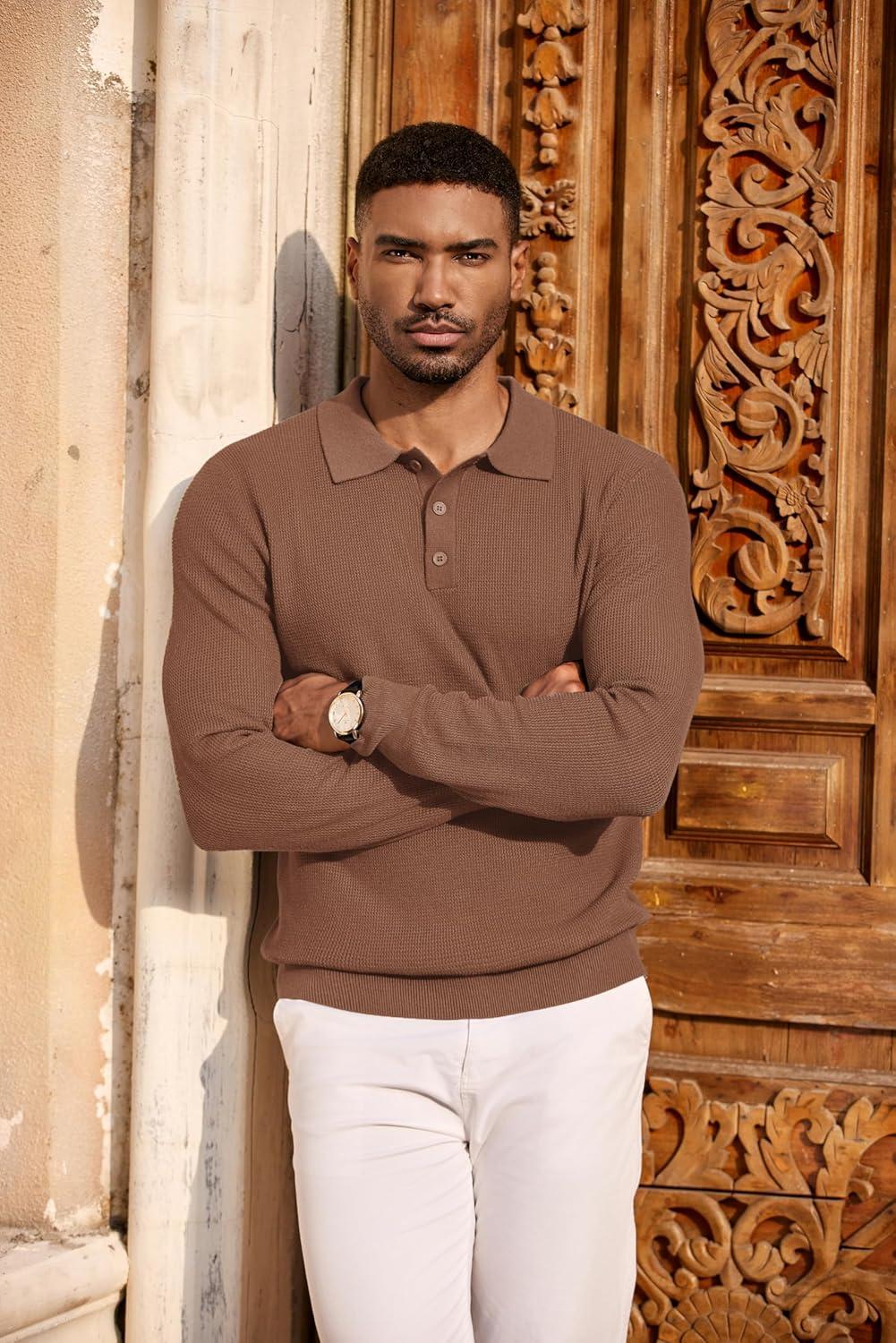 imageCOOFANDY Mens Knit Polo Long Sleeve Sweaters Collared Polo Sweater Casual Dress Pullover Fashion Golf SweatersAsh Brown
