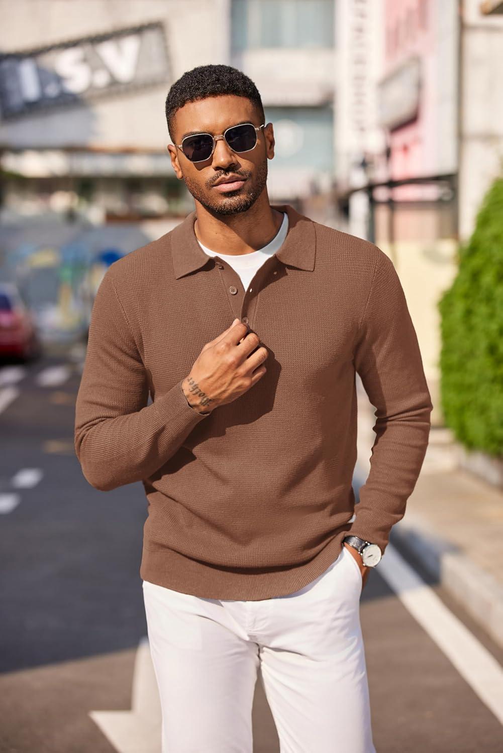 imageCOOFANDY Mens Knit Polo Long Sleeve Sweaters Collared Polo Sweater Casual Dress Pullover Fashion Golf SweatersAsh Brown