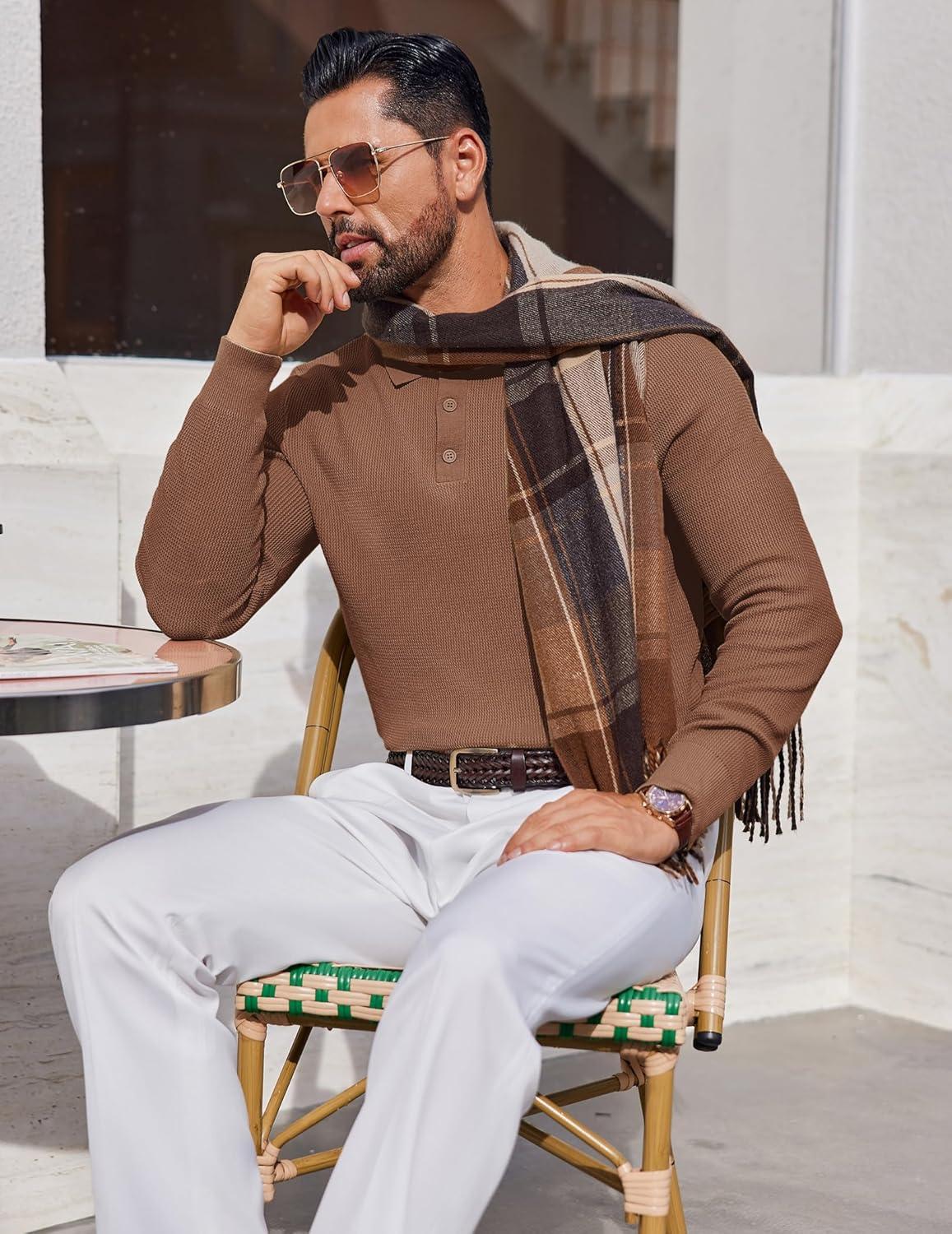 imageCOOFANDY Mens Knit Polo Long Sleeve Sweaters Collared Polo Sweater Casual Dress Pullover Fashion Golf SweatersAsh Brown
