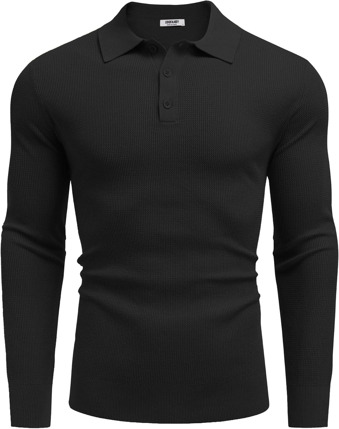 imageCOOFANDY Mens Knit Polo Long Sleeve Sweaters Collared Polo Sweater Casual Dress Pullover Fashion Golf SweatersBlack