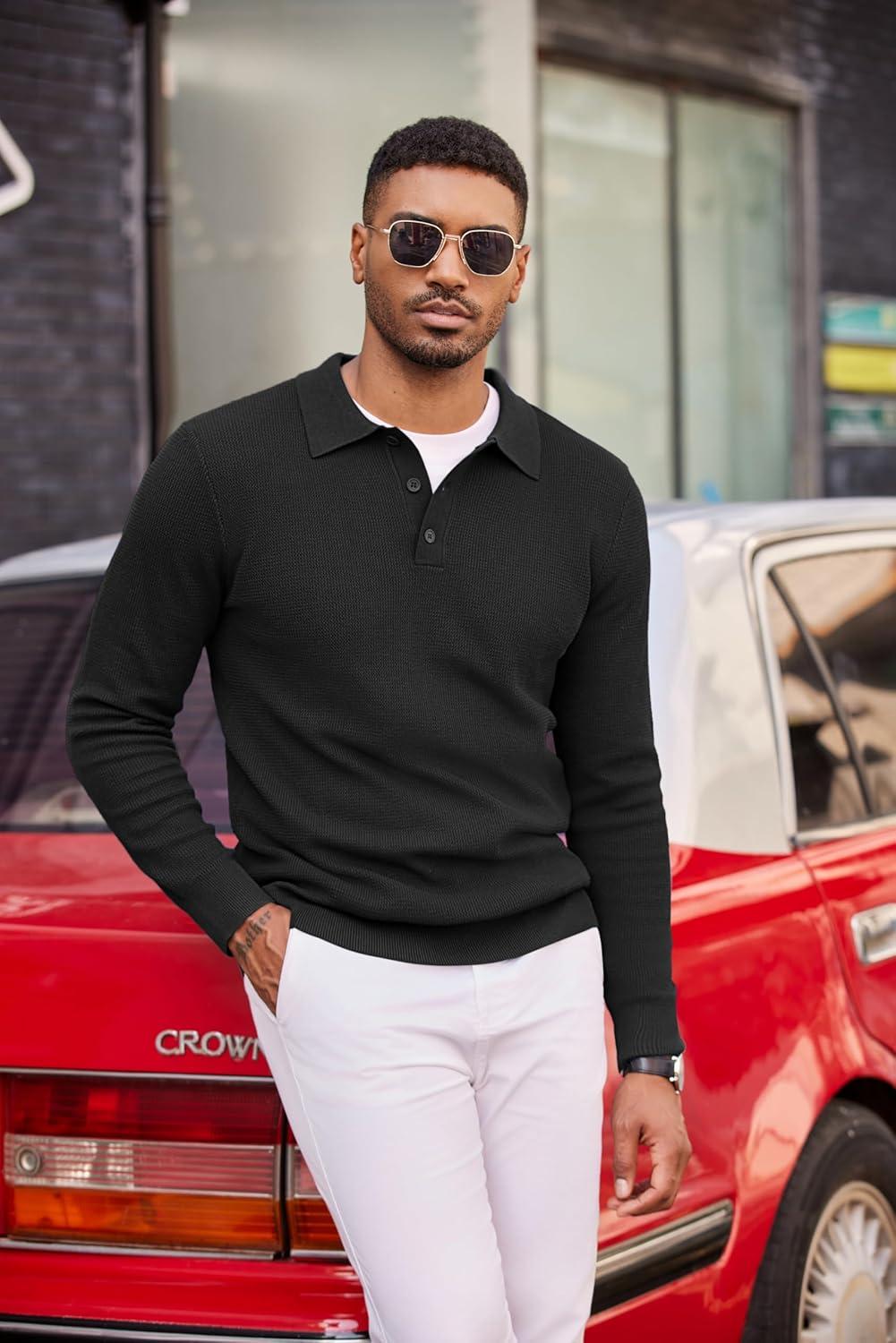 imageCOOFANDY Mens Knit Polo Long Sleeve Sweaters Collared Polo Sweater Casual Dress Pullover Fashion Golf SweatersBlack