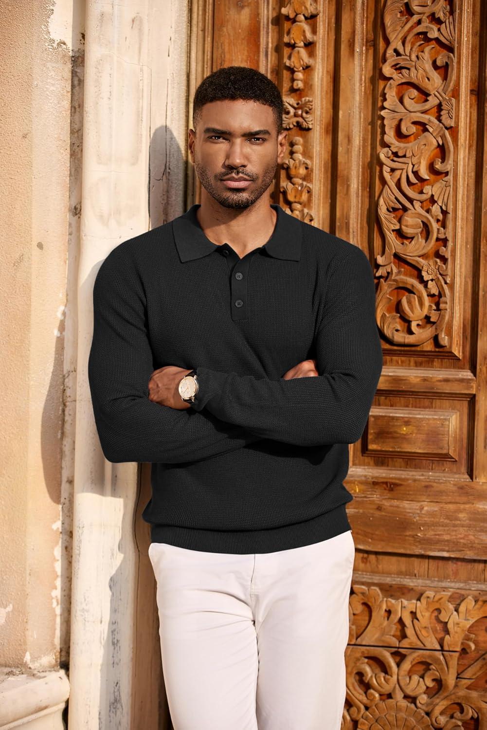 imageCOOFANDY Mens Knit Polo Long Sleeve Sweaters Collared Polo Sweater Casual Dress Pullover Fashion Golf SweatersBlack