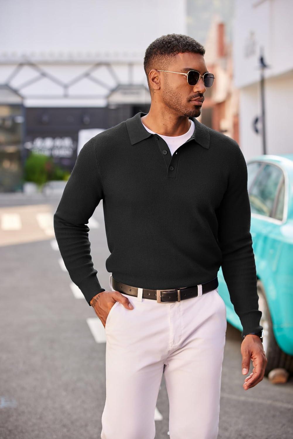 imageCOOFANDY Mens Knit Polo Long Sleeve Sweaters Collared Polo Sweater Casual Dress Pullover Fashion Golf SweatersBlack