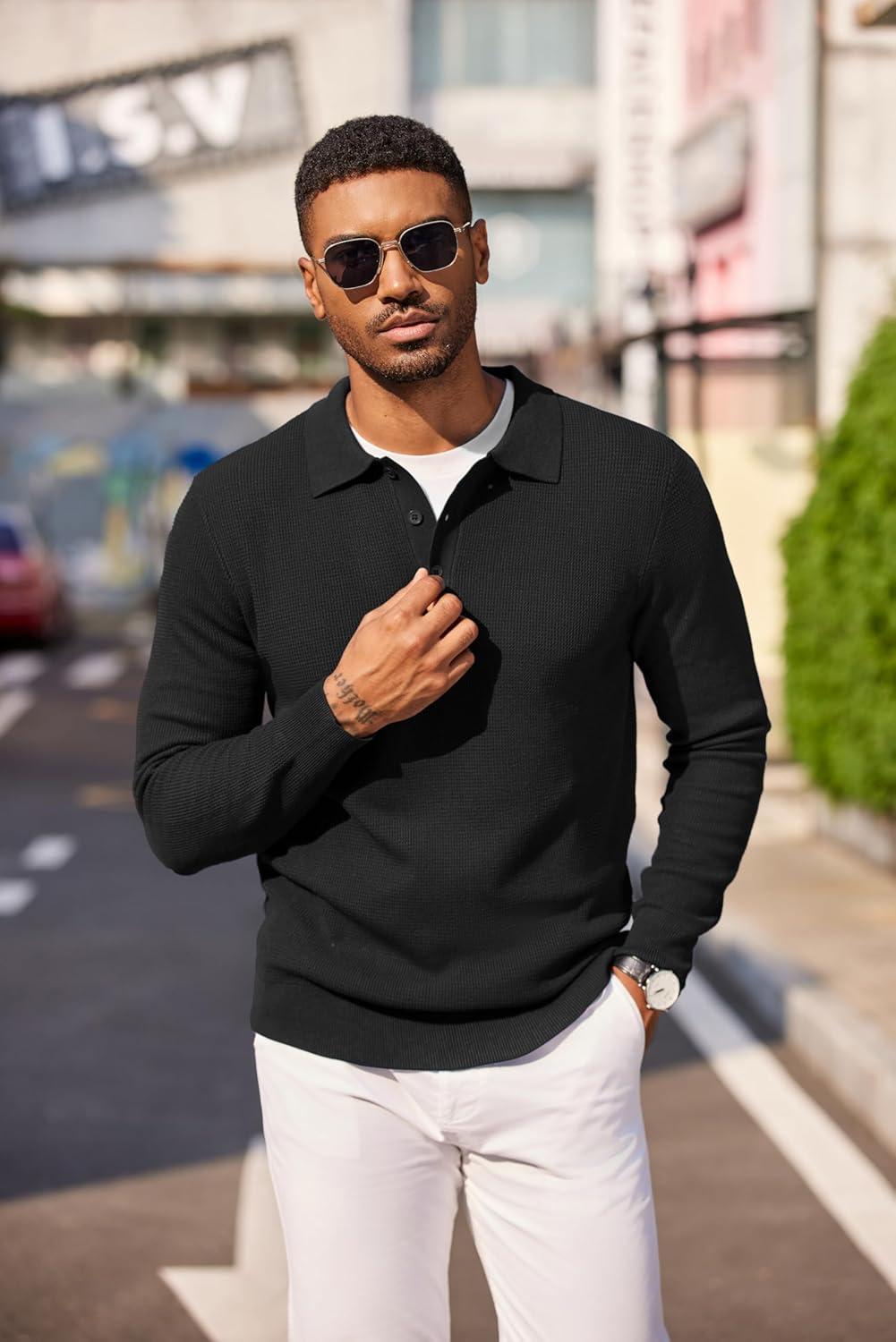 imageCOOFANDY Mens Knit Polo Long Sleeve Sweaters Collared Polo Sweater Casual Dress Pullover Fashion Golf SweatersBlack