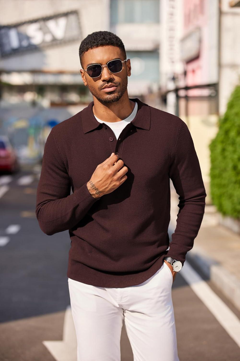 imageCOOFANDY Mens Knit Polo Long Sleeve Sweaters Collared Polo Sweater Casual Dress Pullover Fashion Golf SweatersBrown
