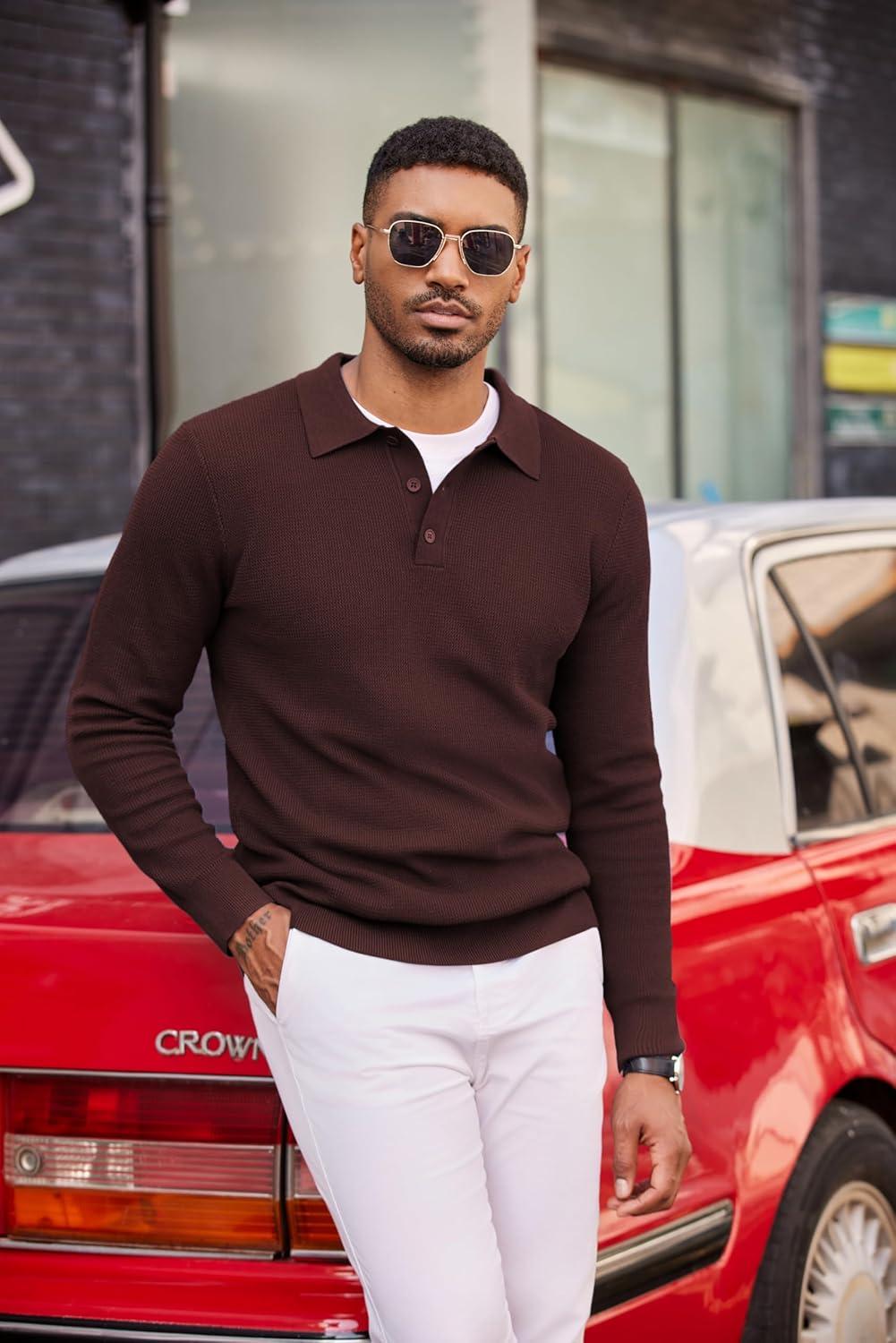 imageCOOFANDY Mens Knit Polo Long Sleeve Sweaters Collared Polo Sweater Casual Dress Pullover Fashion Golf SweatersBrown