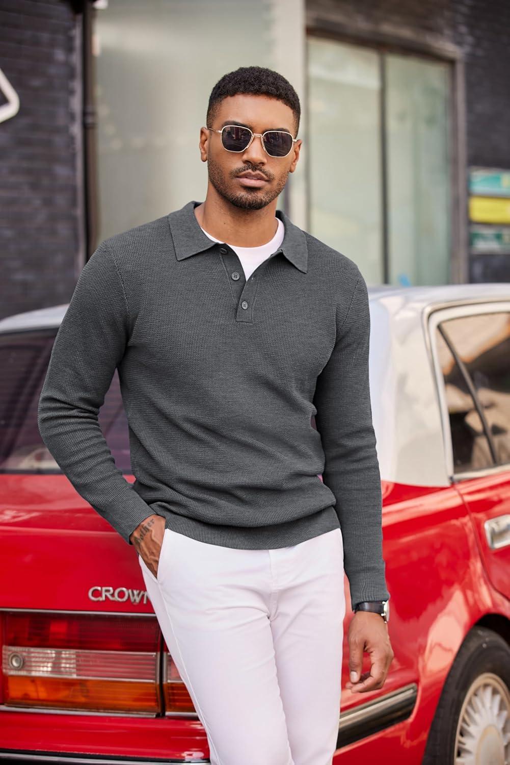 imageCOOFANDY Mens Knit Polo Long Sleeve Sweaters Collared Polo Sweater Casual Dress Pullover Fashion Golf SweatersDark Grey