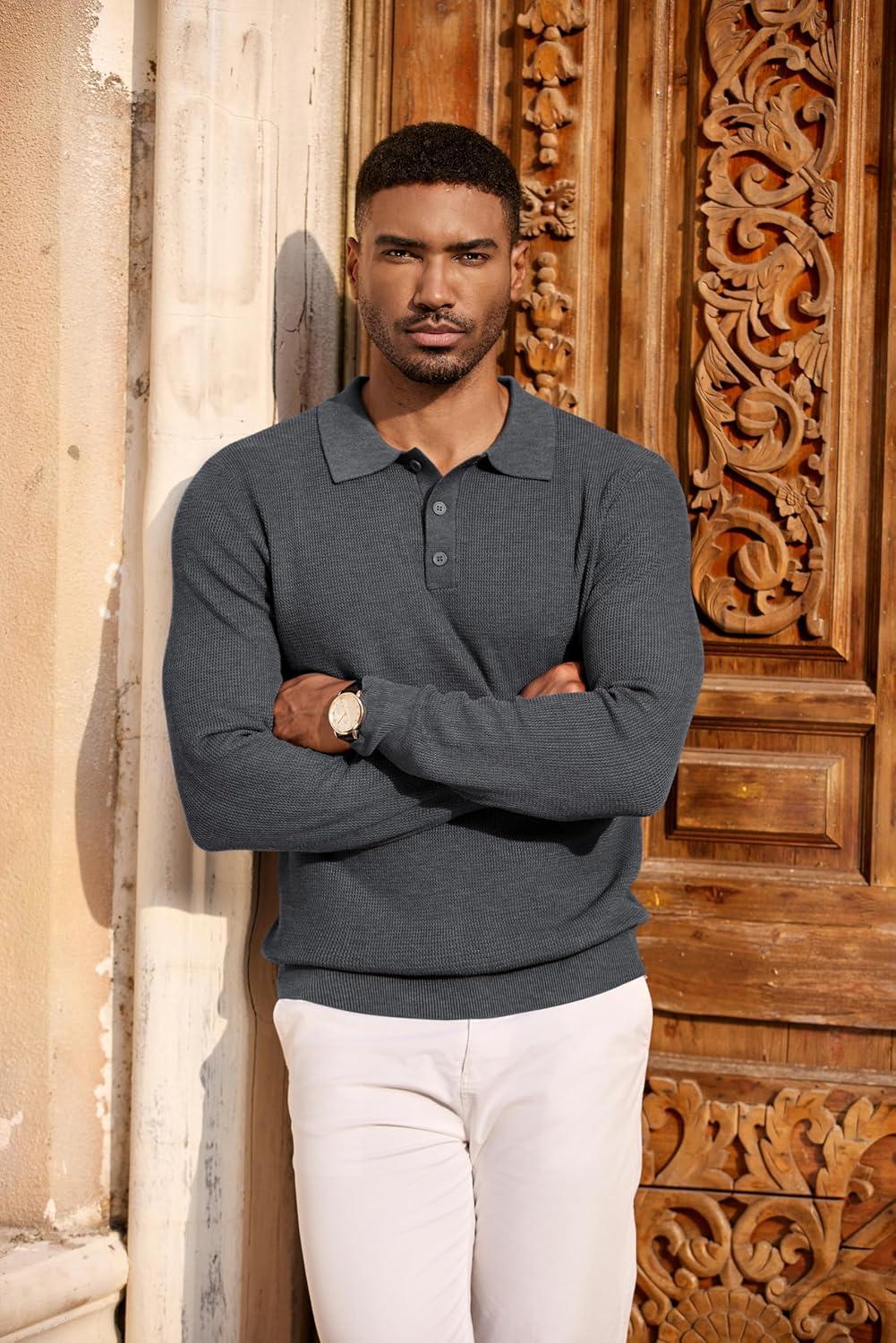 imageCOOFANDY Mens Knit Polo Long Sleeve Sweaters Collared Polo Sweater Casual Dress Pullover Fashion Golf SweatersDark Grey