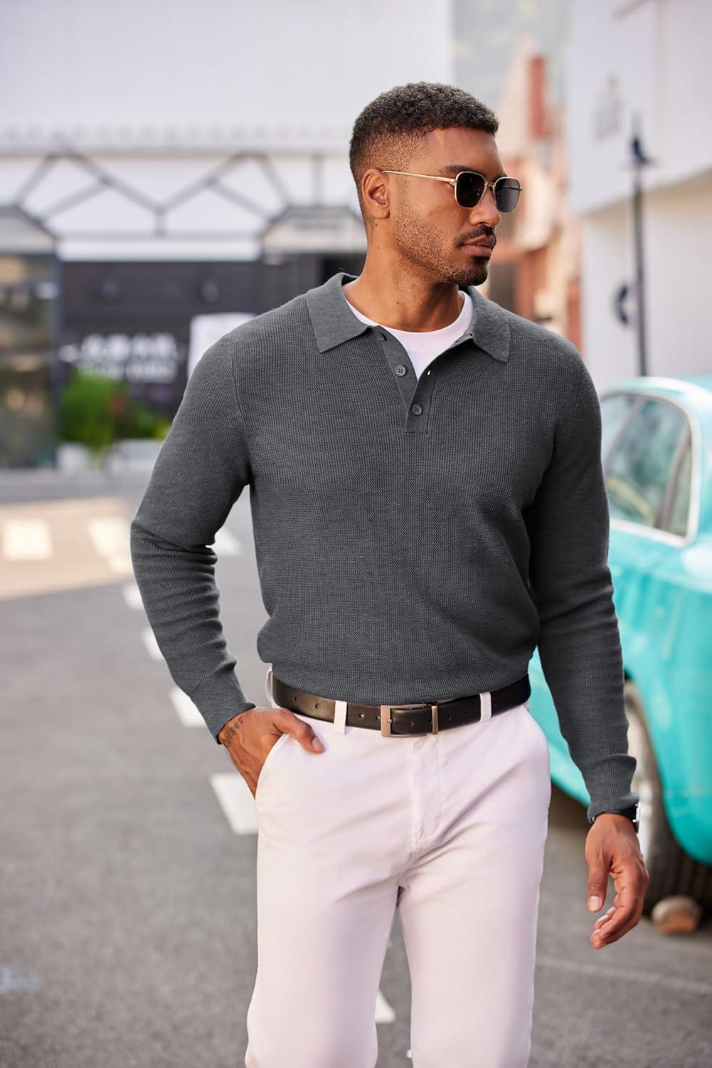 imageCOOFANDY Mens Knit Polo Long Sleeve Sweaters Collared Polo Sweater Casual Dress Pullover Fashion Golf SweatersDark Grey
