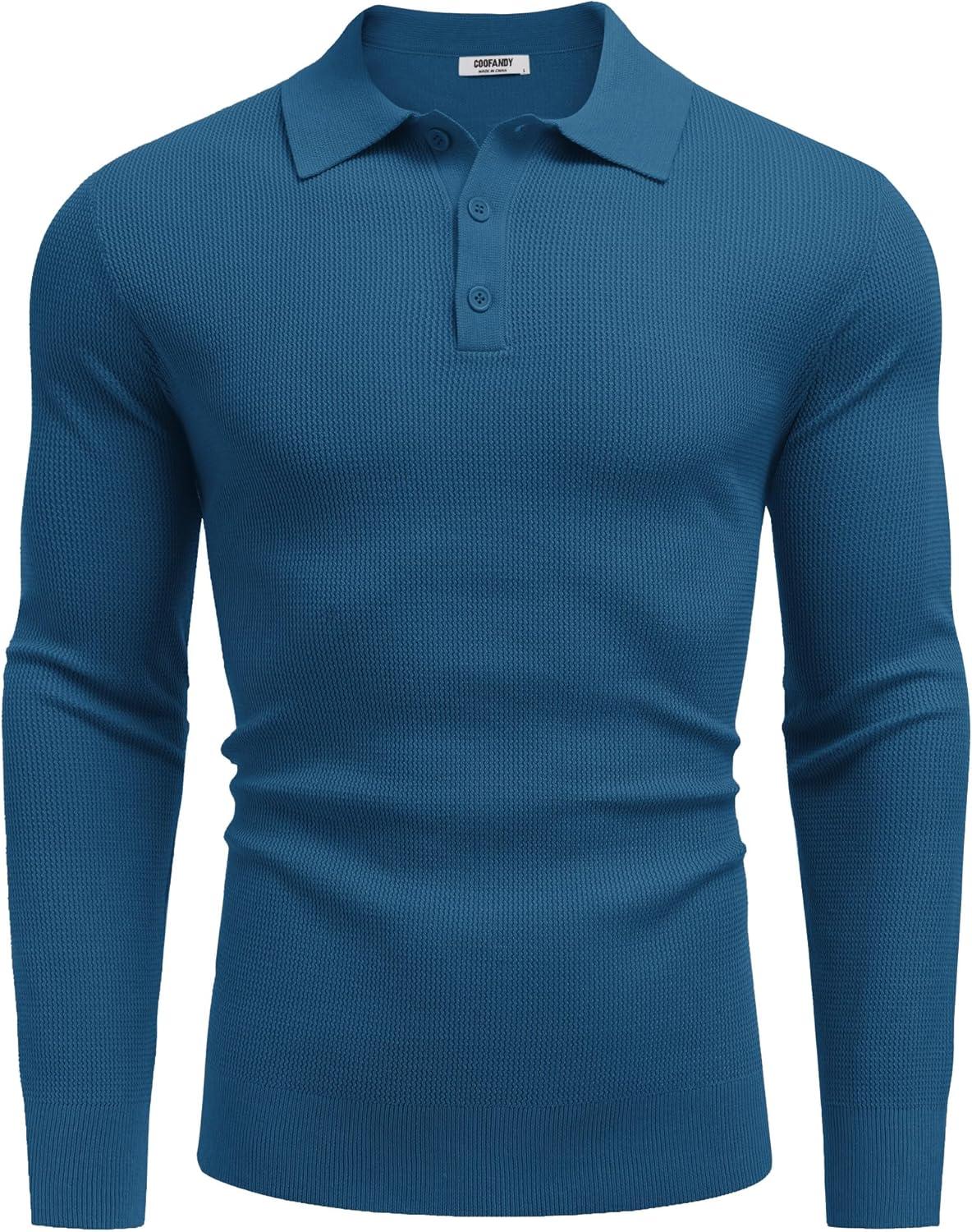 imageCOOFANDY Mens Knit Polo Long Sleeve Sweaters Collared Polo Sweater Casual Dress Pullover Fashion Golf SweatersDeep Blue
