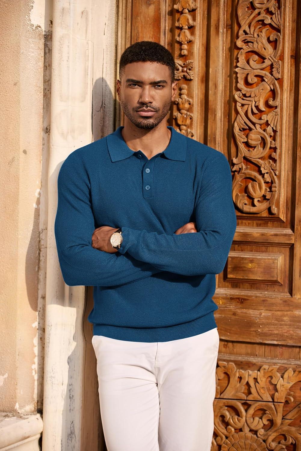 imageCOOFANDY Mens Knit Polo Long Sleeve Sweaters Collared Polo Sweater Casual Dress Pullover Fashion Golf SweatersDeep Blue