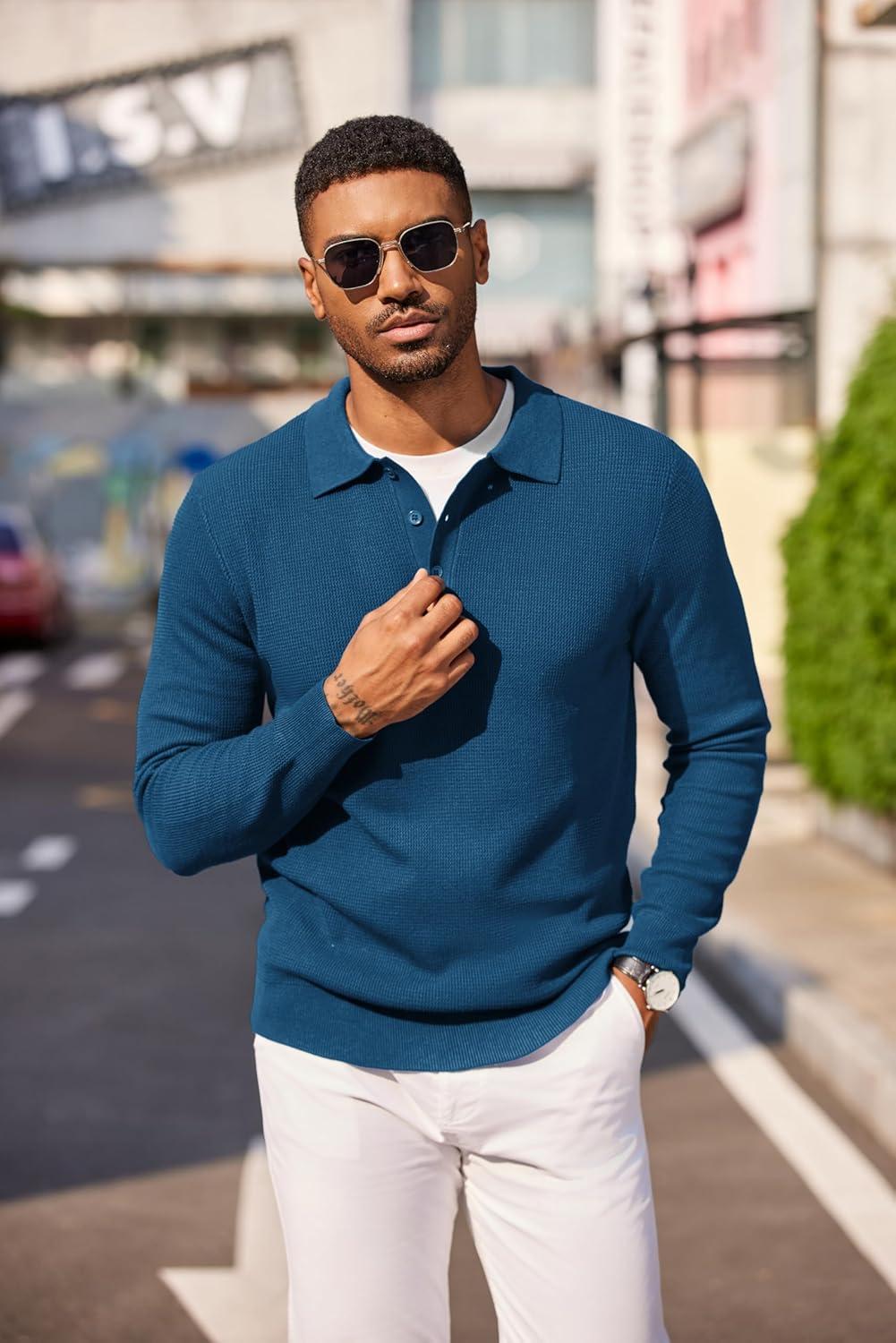 imageCOOFANDY Mens Knit Polo Long Sleeve Sweaters Collared Polo Sweater Casual Dress Pullover Fashion Golf SweatersDeep Blue
