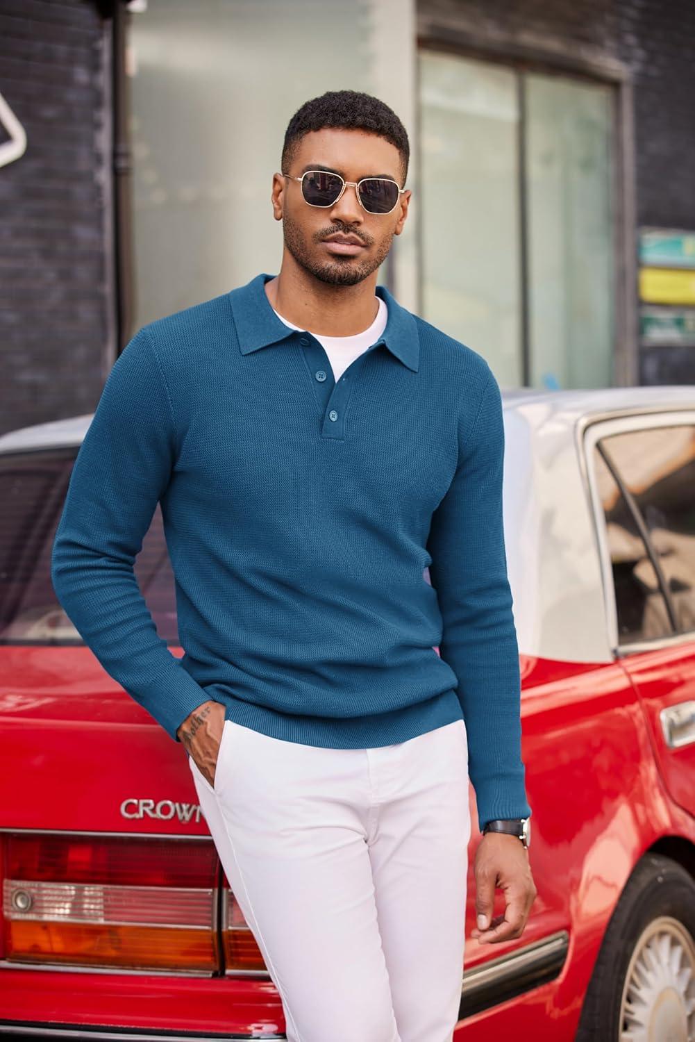 imageCOOFANDY Mens Knit Polo Long Sleeve Sweaters Collared Polo Sweater Casual Dress Pullover Fashion Golf SweatersDeep Blue