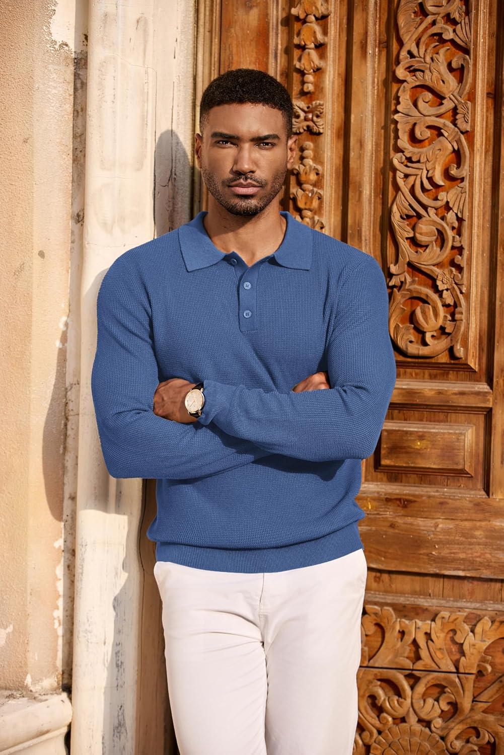 imageCOOFANDY Mens Knit Polo Long Sleeve Sweaters Collared Polo Sweater Casual Dress Pullover Fashion Golf SweatersGrey Blue