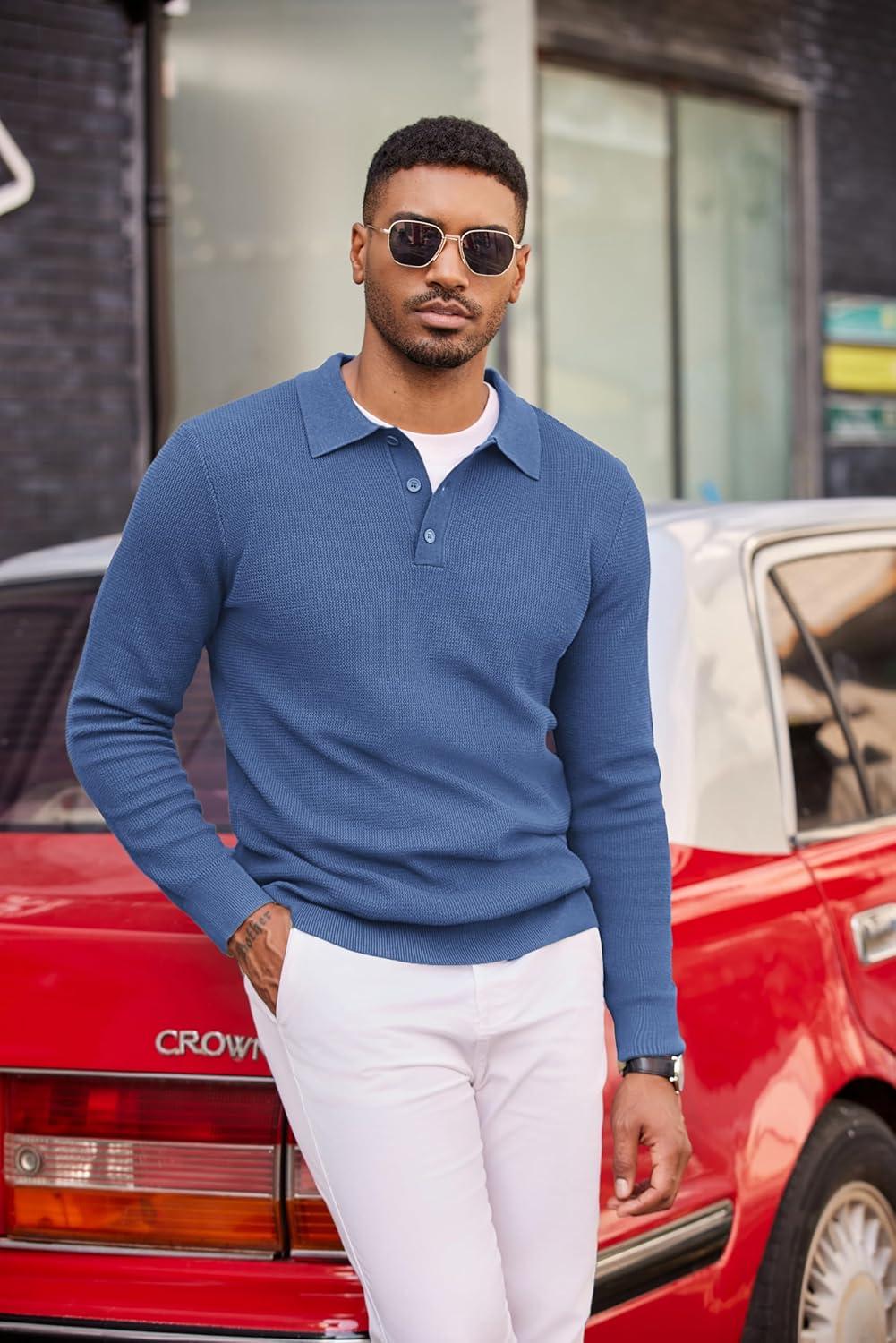 imageCOOFANDY Mens Knit Polo Long Sleeve Sweaters Collared Polo Sweater Casual Dress Pullover Fashion Golf SweatersGrey Blue