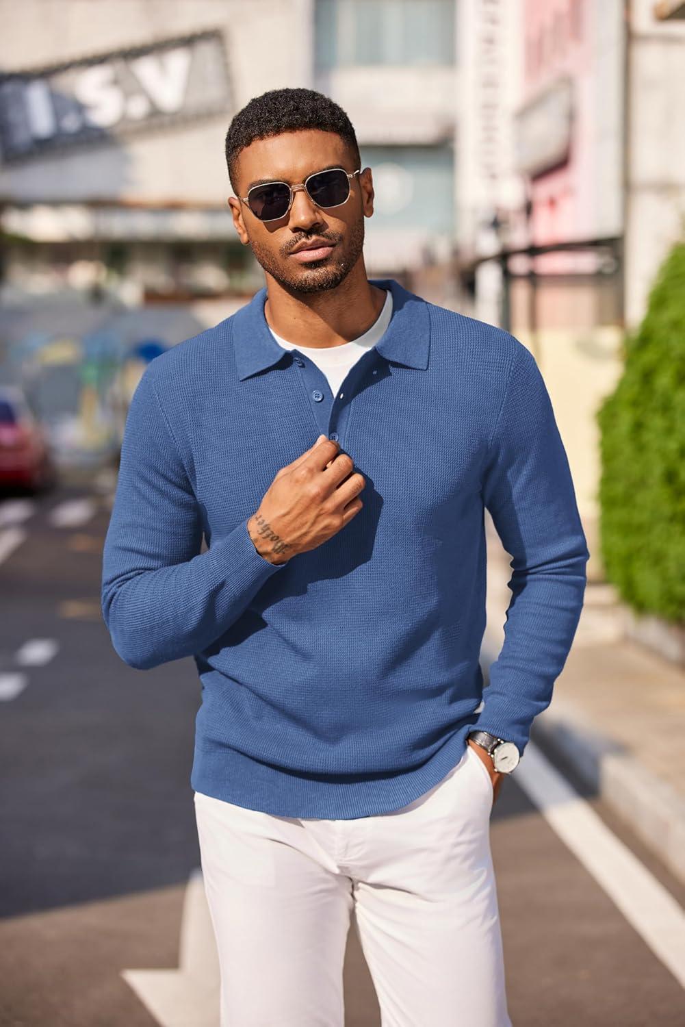 imageCOOFANDY Mens Knit Polo Long Sleeve Sweaters Collared Polo Sweater Casual Dress Pullover Fashion Golf SweatersGrey Blue