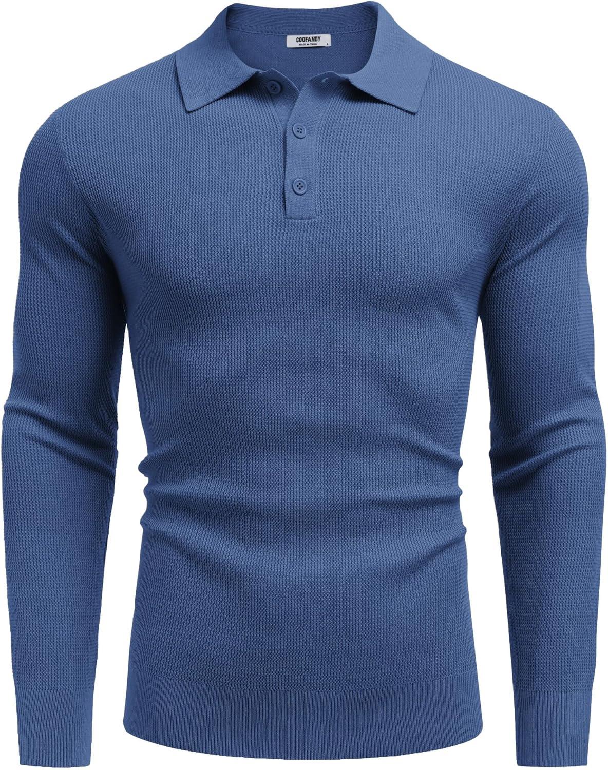 imageCOOFANDY Mens Knit Polo Long Sleeve Sweaters Collared Polo Sweater Casual Dress Pullover Fashion Golf SweatersGrey Blue