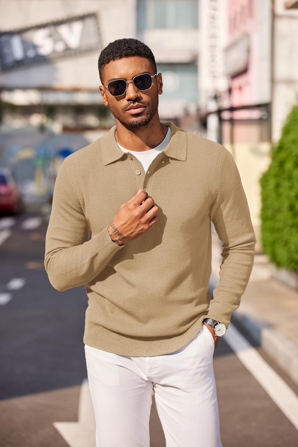 imageCOOFANDY Mens Knit Polo Long Sleeve Sweaters Collared Polo Sweater Casual Dress Pullover Fashion Golf SweatersKhaki