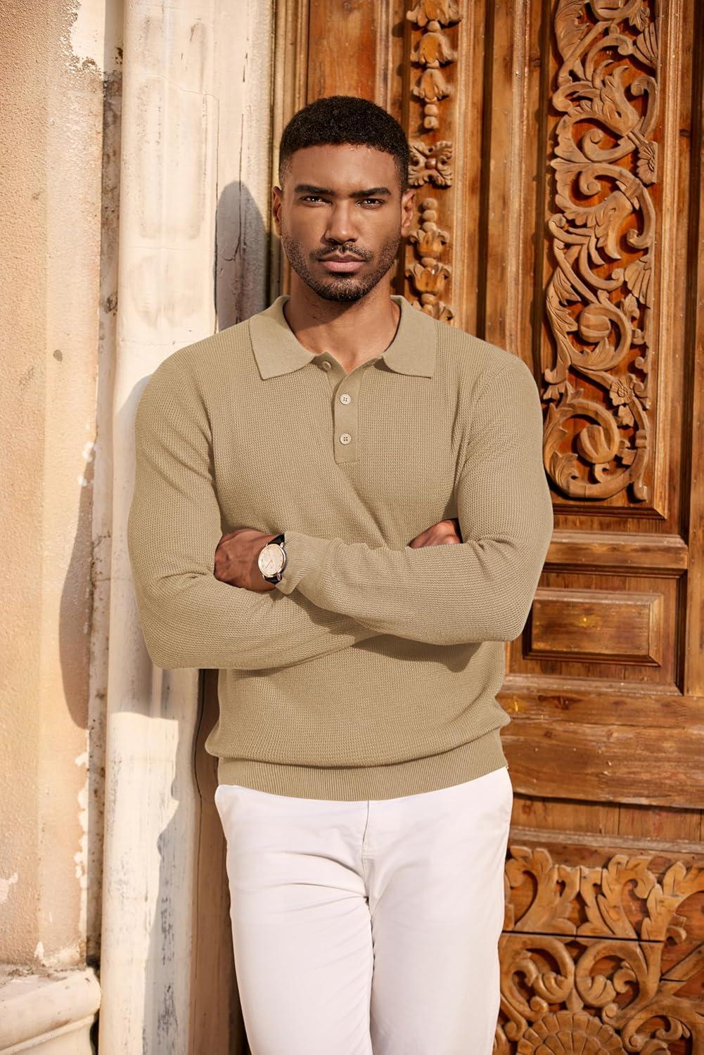 imageCOOFANDY Mens Knit Polo Long Sleeve Sweaters Collared Polo Sweater Casual Dress Pullover Fashion Golf SweatersKhaki