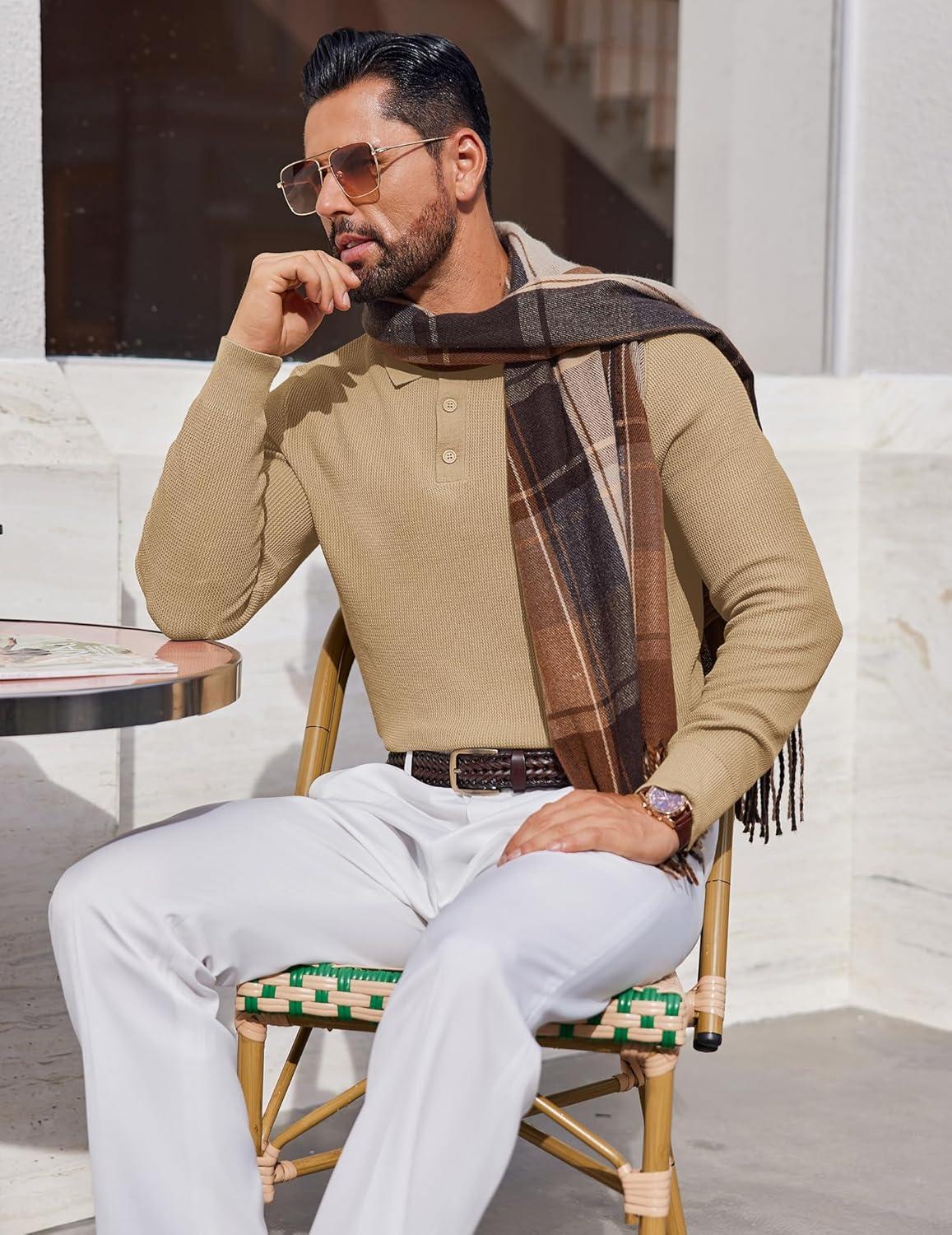 imageCOOFANDY Mens Knit Polo Long Sleeve Sweaters Collared Polo Sweater Casual Dress Pullover Fashion Golf SweatersKhaki