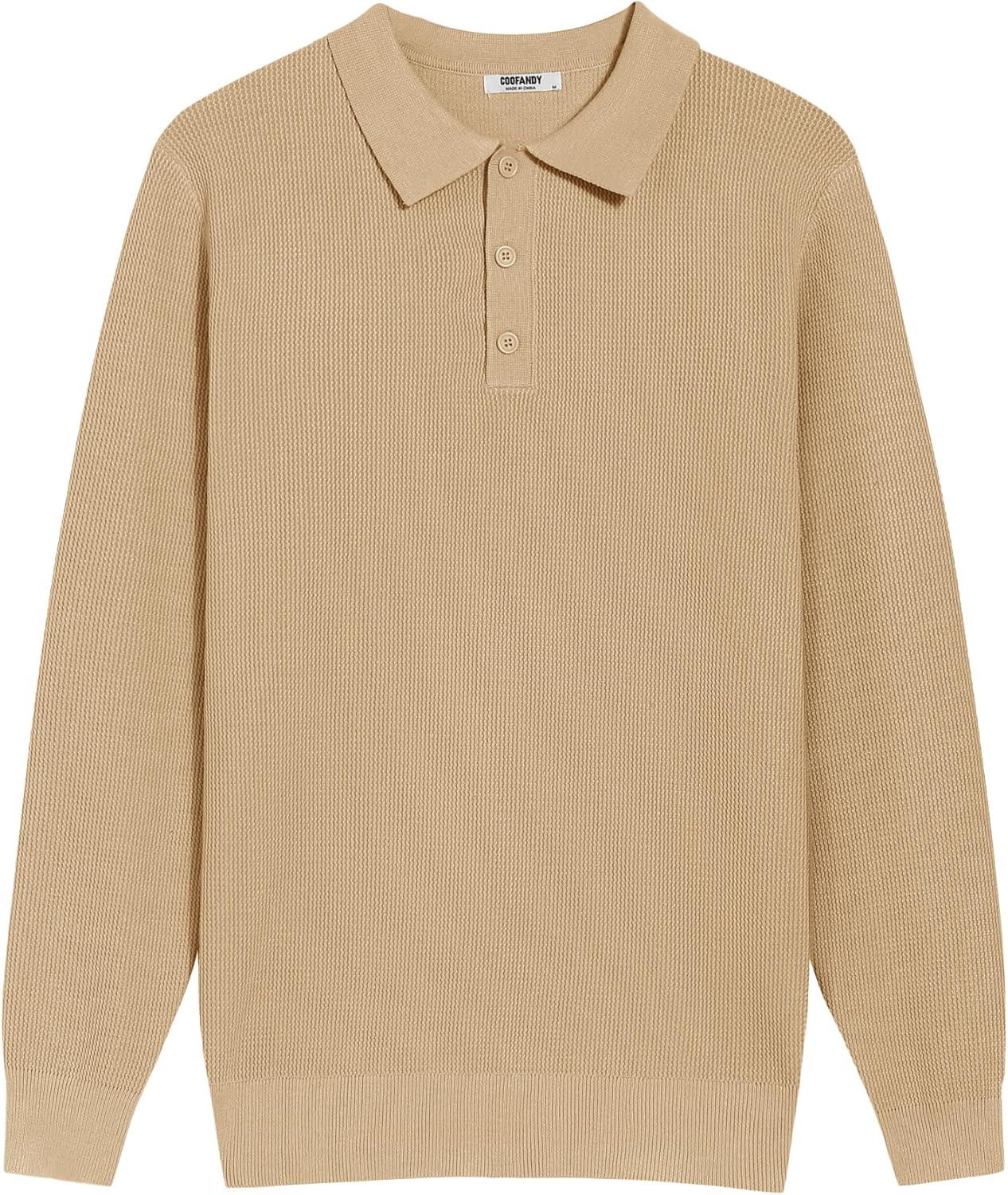 imageCOOFANDY Mens Knit Polo Long Sleeve Sweaters Collared Polo Sweater Casual Dress Pullover Fashion Golf SweatersKhaki
