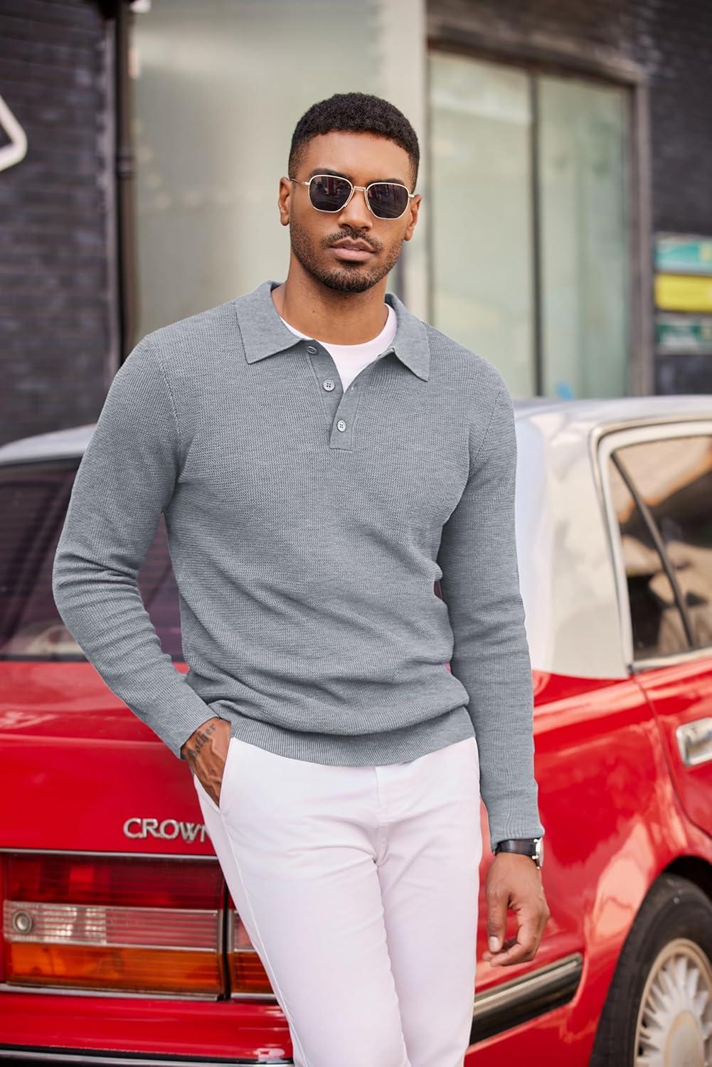 imageCOOFANDY Mens Knit Polo Long Sleeve Sweaters Collared Polo Sweater Casual Dress Pullover Fashion Golf SweatersLight Grey