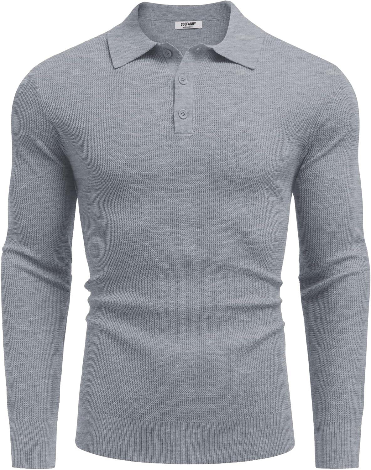 imageCOOFANDY Mens Knit Polo Long Sleeve Sweaters Collared Polo Sweater Casual Dress Pullover Fashion Golf SweatersLight Grey