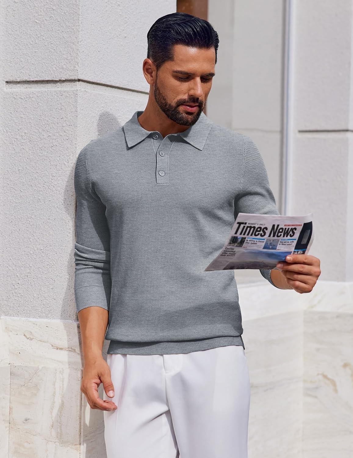 imageCOOFANDY Mens Knit Polo Long Sleeve Sweaters Collared Polo Sweater Casual Dress Pullover Fashion Golf SweatersLight Grey