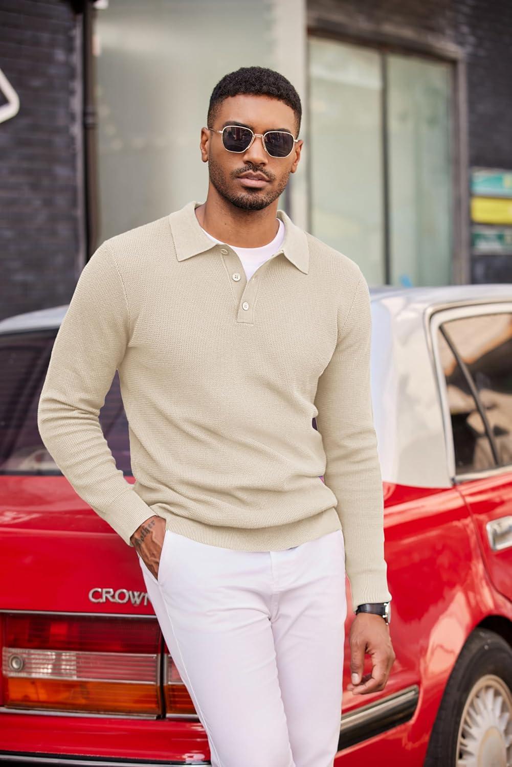imageCOOFANDY Mens Knit Polo Long Sleeve Sweaters Collared Polo Sweater Casual Dress Pullover Fashion Golf SweatersLight Khaki