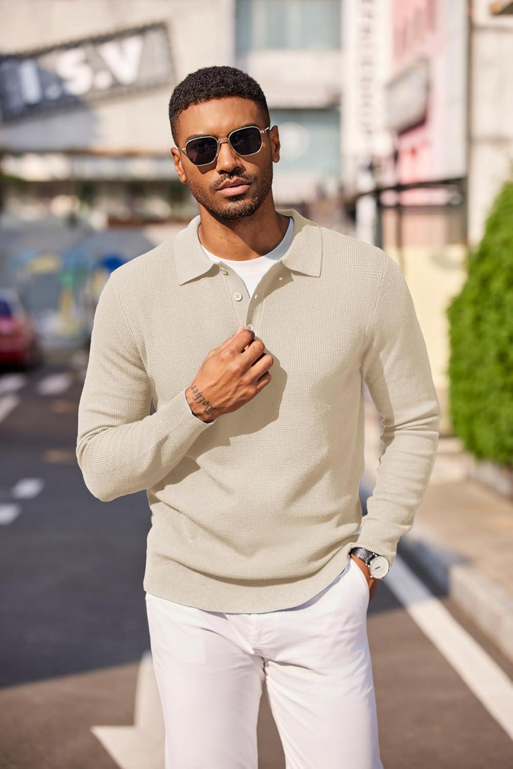 imageCOOFANDY Mens Knit Polo Long Sleeve Sweaters Collared Polo Sweater Casual Dress Pullover Fashion Golf SweatersLight Khaki