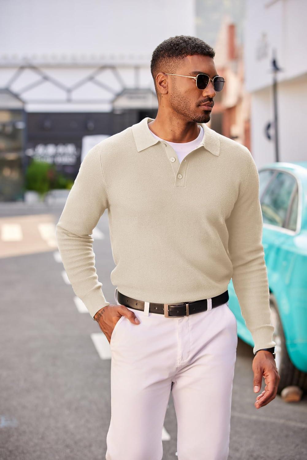 imageCOOFANDY Mens Knit Polo Long Sleeve Sweaters Collared Polo Sweater Casual Dress Pullover Fashion Golf SweatersLight Khaki