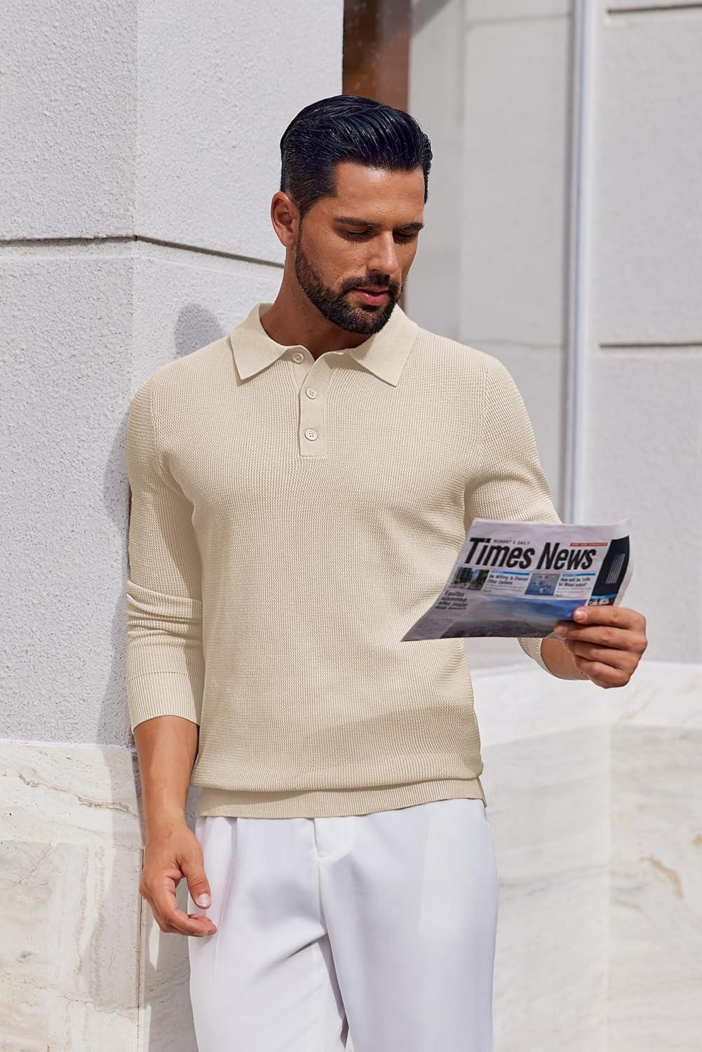 imageCOOFANDY Mens Knit Polo Long Sleeve Sweaters Collared Polo Sweater Casual Dress Pullover Fashion Golf SweatersLight Khaki