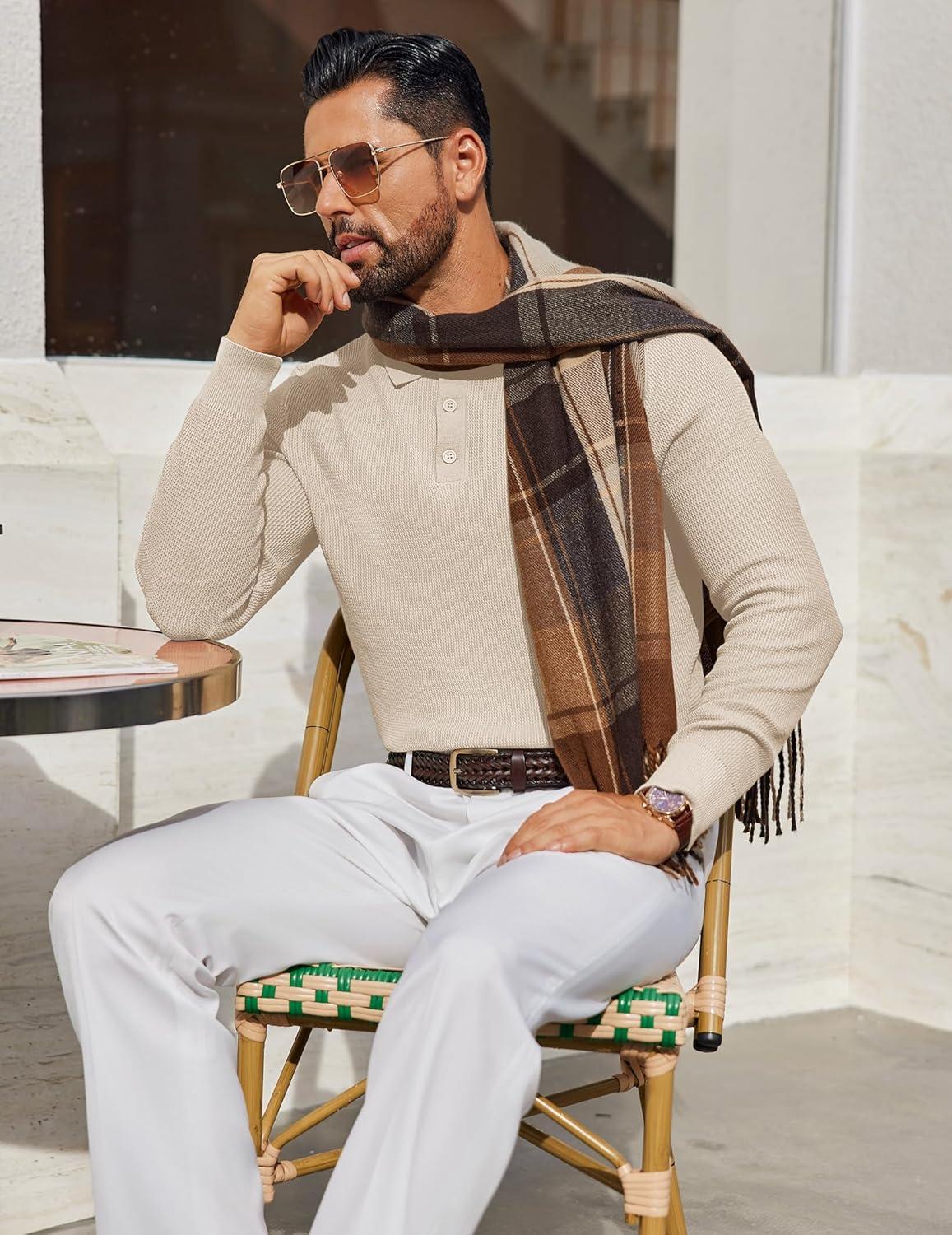 imageCOOFANDY Mens Knit Polo Long Sleeve Sweaters Collared Polo Sweater Casual Dress Pullover Fashion Golf SweatersLight Khaki