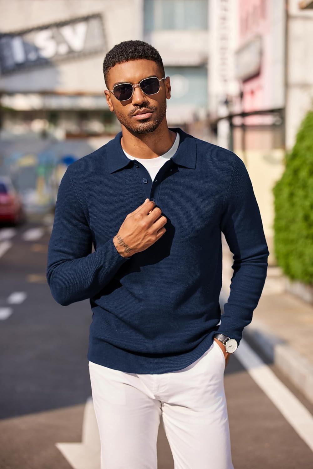 imageCOOFANDY Mens Knit Polo Long Sleeve Sweaters Collared Polo Sweater Casual Dress Pullover Fashion Golf SweatersNavy Blue