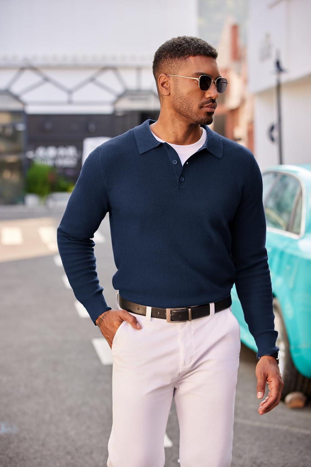 imageCOOFANDY Mens Knit Polo Long Sleeve Sweaters Collared Polo Sweater Casual Dress Pullover Fashion Golf SweatersNavy Blue