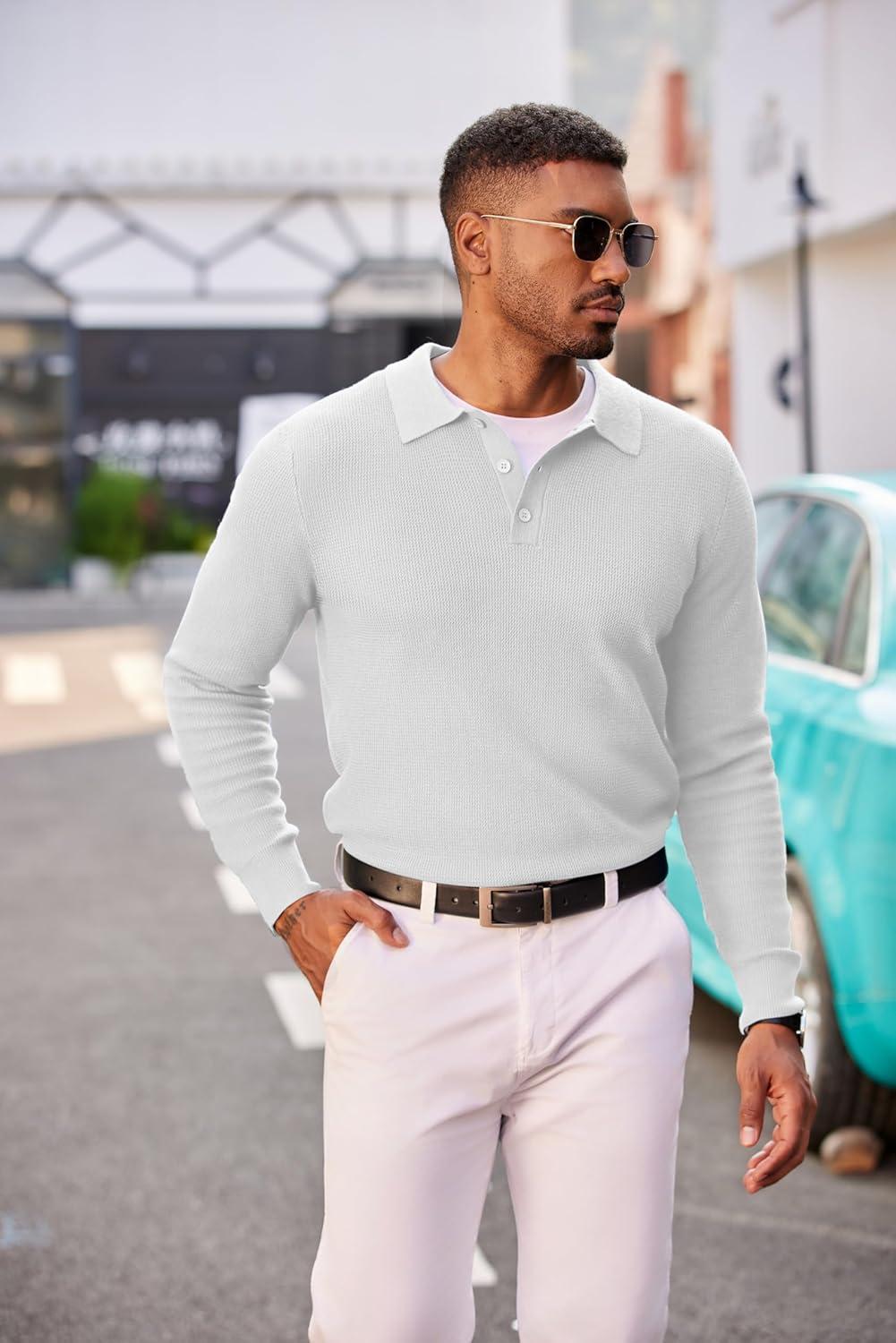 imageCOOFANDY Mens Knit Polo Long Sleeve Sweaters Collared Polo Sweater Casual Dress Pullover Fashion Golf SweatersWhite