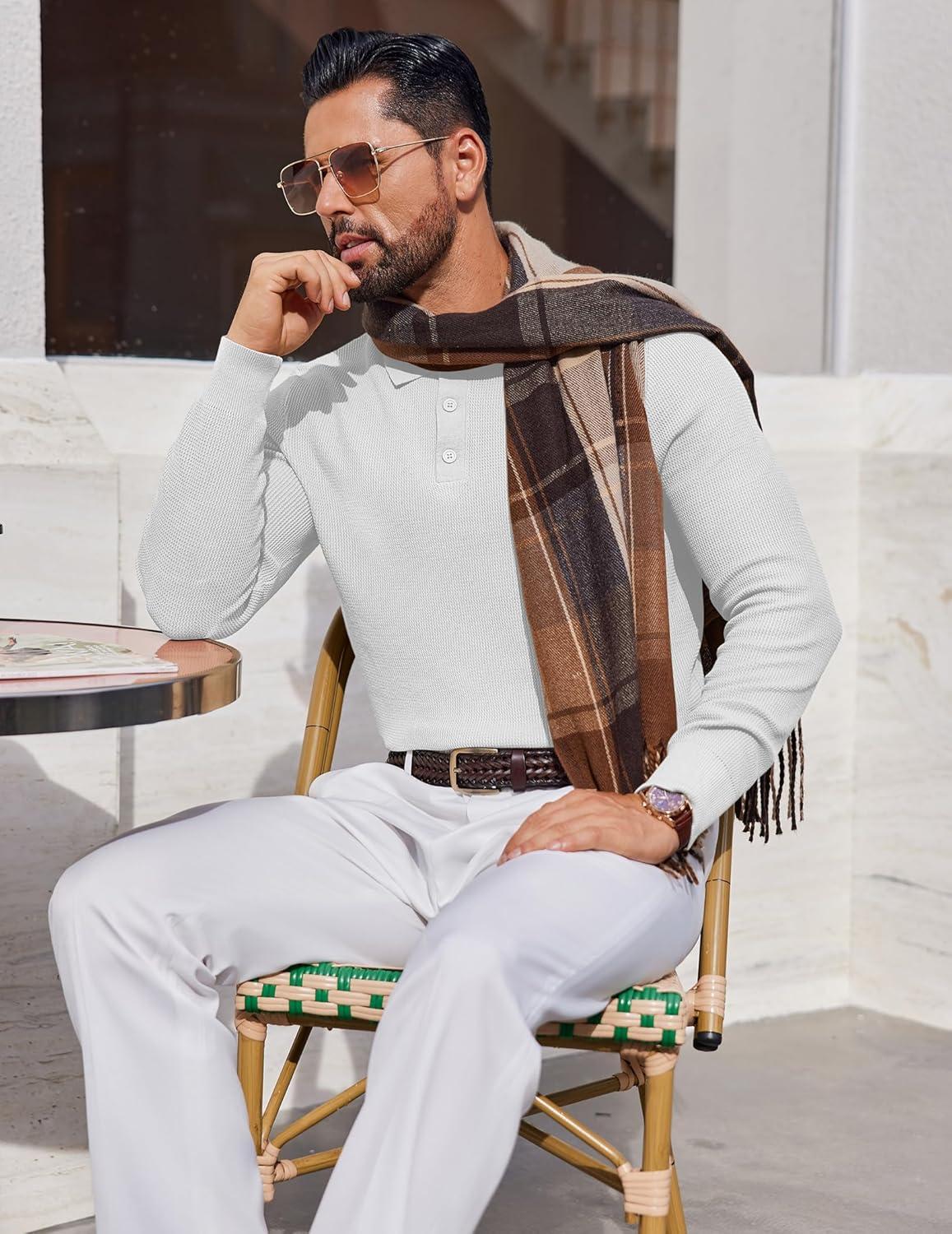 imageCOOFANDY Mens Knit Polo Long Sleeve Sweaters Collared Polo Sweater Casual Dress Pullover Fashion Golf SweatersWhite