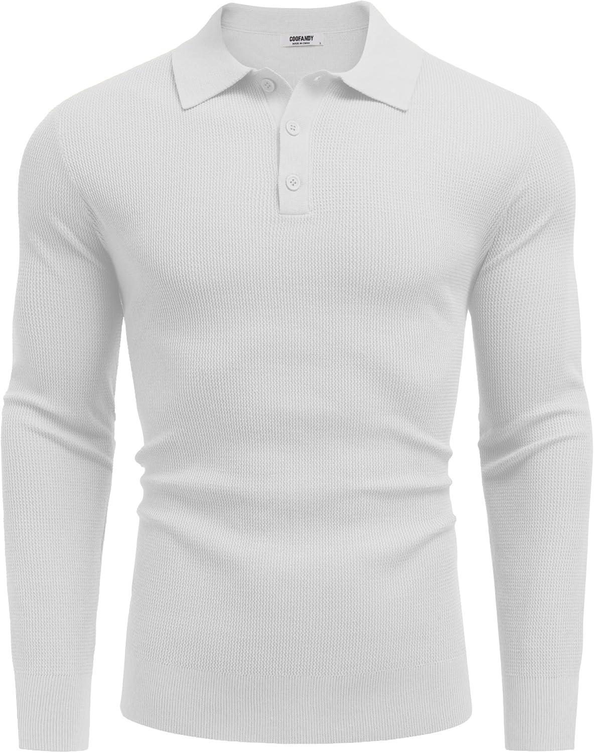 imageCOOFANDY Mens Knit Polo Long Sleeve Sweaters Collared Polo Sweater Casual Dress Pullover Fashion Golf SweatersWhite