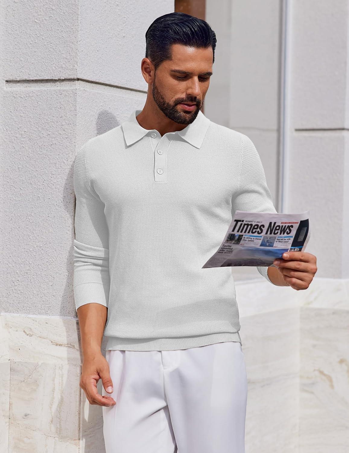 imageCOOFANDY Mens Knit Polo Long Sleeve Sweaters Collared Polo Sweater Casual Dress Pullover Fashion Golf SweatersWhite