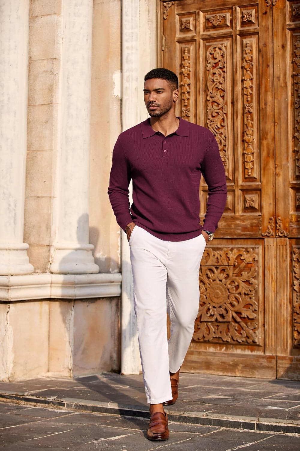 imageCOOFANDY Mens Knit Polo Long Sleeve Sweaters Collared Polo Sweater Casual Dress Pullover Fashion Golf SweatersWine Red